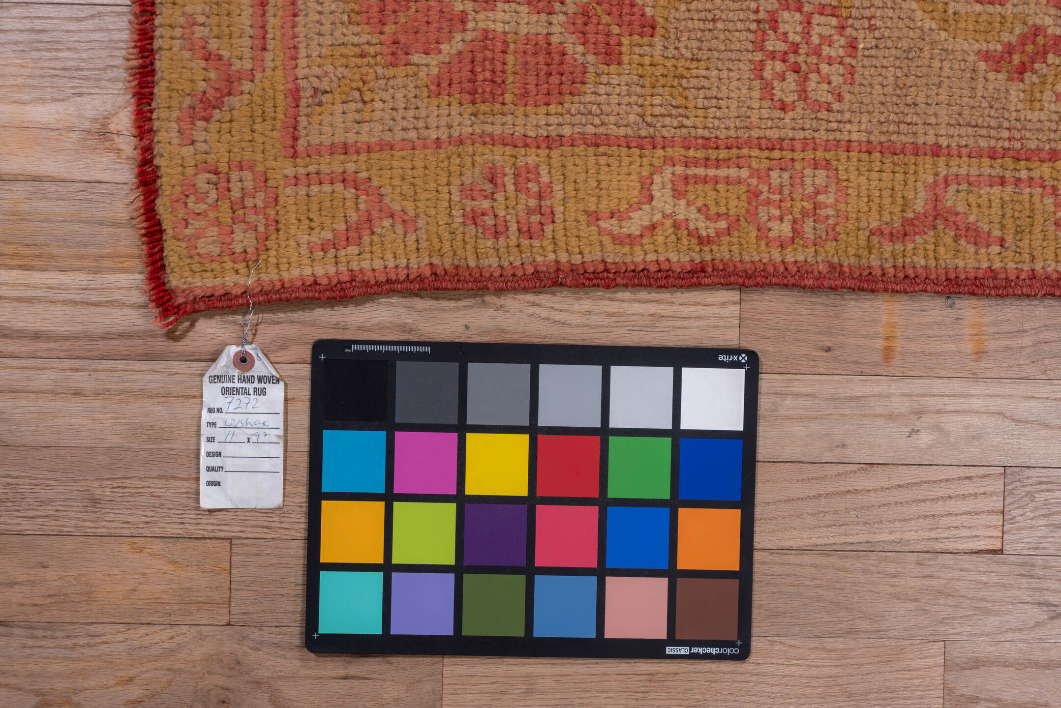 9' x 11' one-of-a-kind handmade antique Oushak large size rug. Color palette: terra cotta, gold, camel, rose, saffron