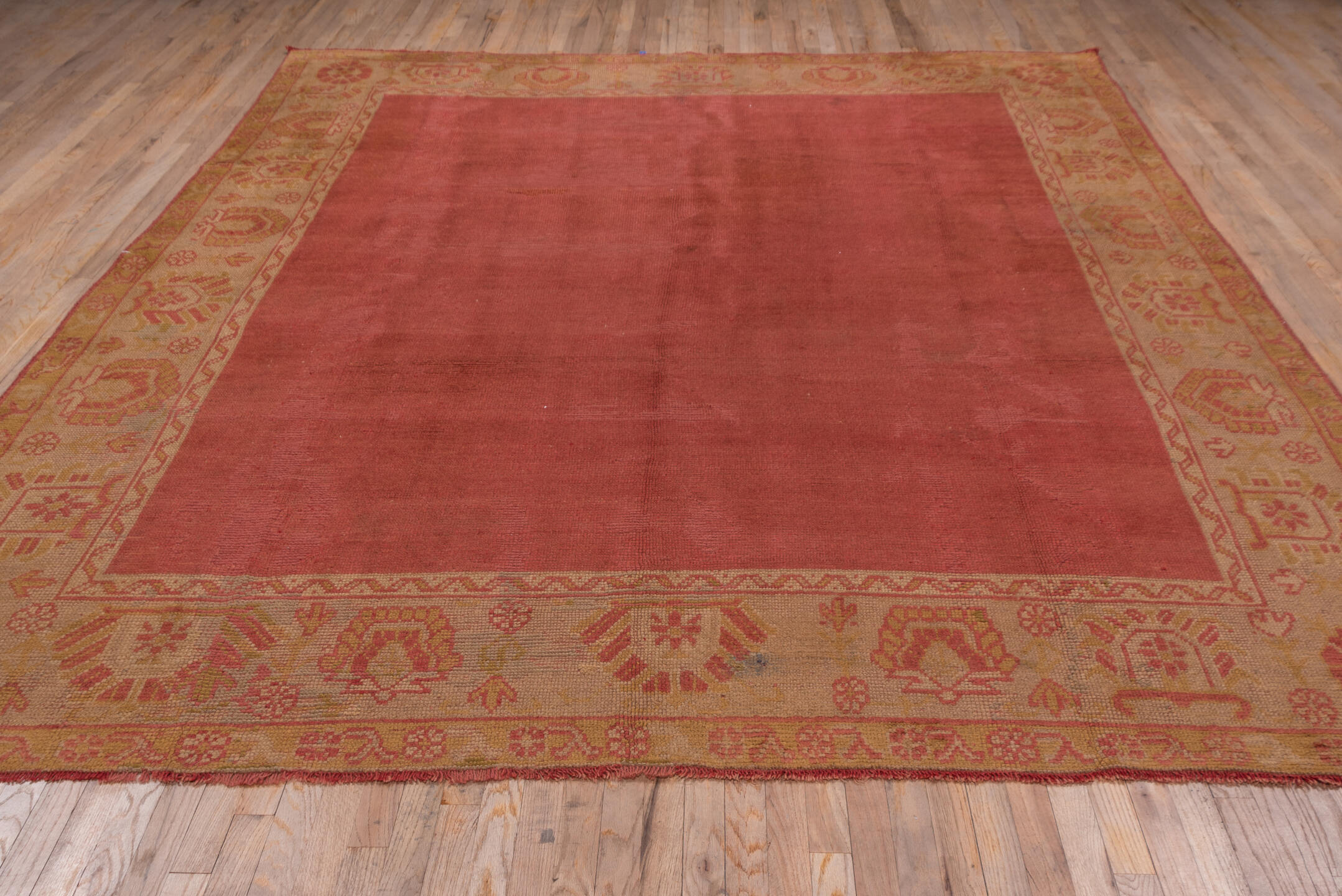 9' x 11' one-of-a-kind handmade antique Oushak large size rug. Color palette: terra cotta, gold, camel, rose, saffron