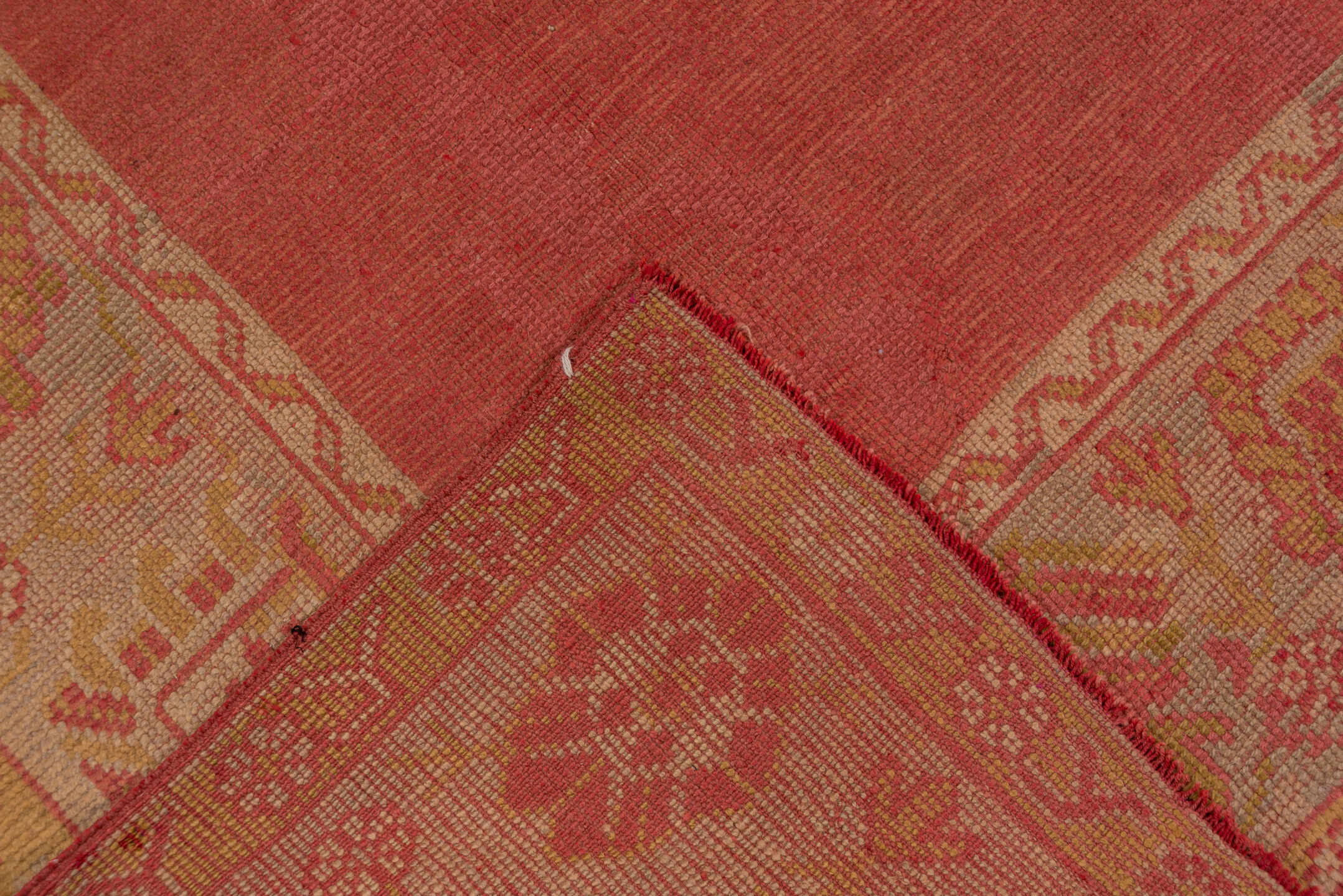9' x 11' one-of-a-kind handmade antique Oushak large size rug. Color palette: terra cotta, gold, camel, rose, saffron
