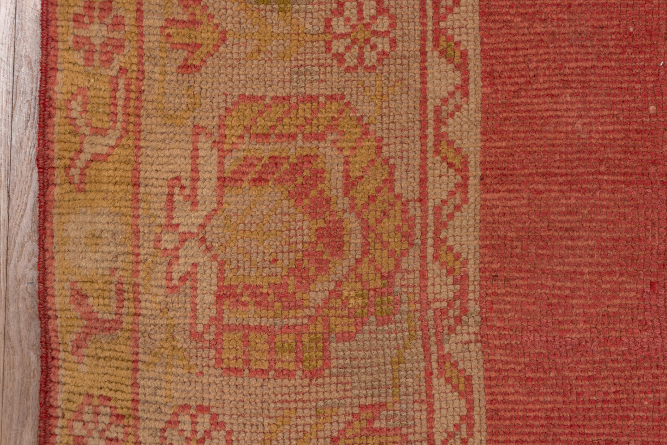 9' x 11' one-of-a-kind handmade antique Oushak large size rug. Color palette: terra cotta, gold, camel, rose, saffron