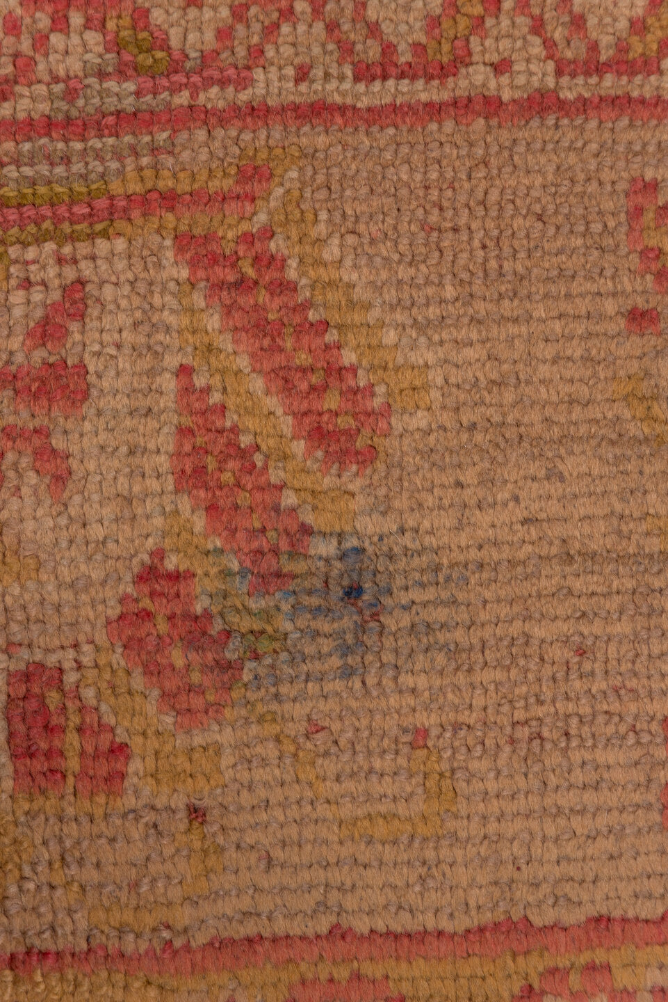 9' x 11' one-of-a-kind handmade antique Oushak large size rug. Color palette: terra cotta, gold, camel, rose, saffron