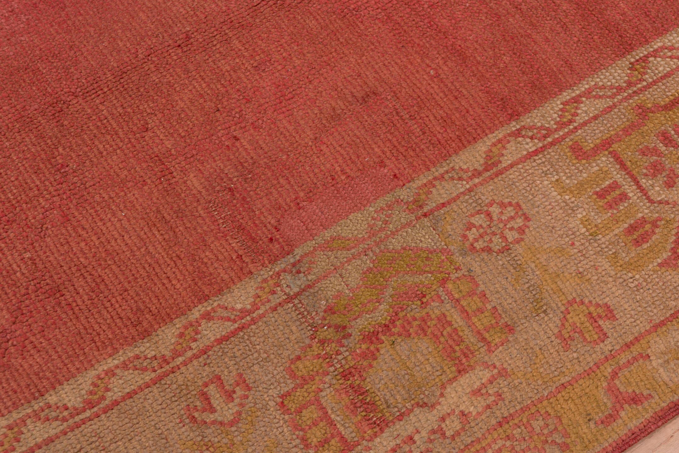 9' x 11' one-of-a-kind handmade antique Oushak large size rug. Color palette: terra cotta, gold, camel, rose, saffron