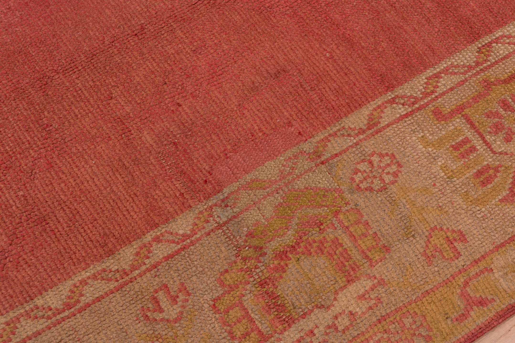 9' x 11' one-of-a-kind handmade antique Oushak large size rug. Color palette: terra cotta, gold, camel, rose, saffron