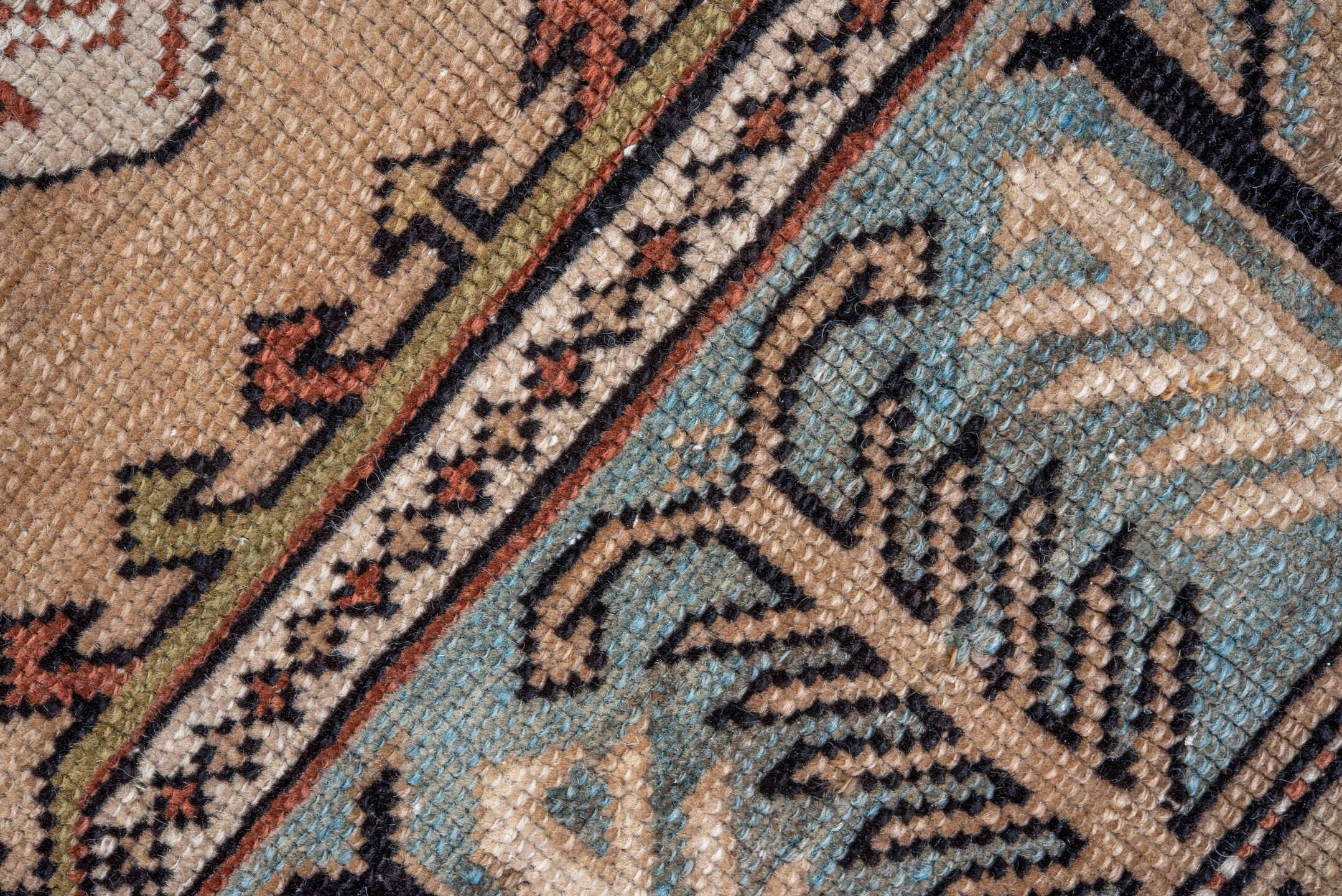 6' x 12' one-of-a-kind handmade antique Caucasian large size rug. Color palette: ivory, sky blue, taupe, brown, slate, camel