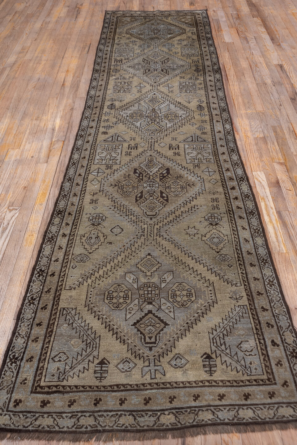 3' x 12' one-of-a-kind handmade vintage Karabagh runner rug. Color palette: brown, gray, off-white, snow, white, whitesmoke