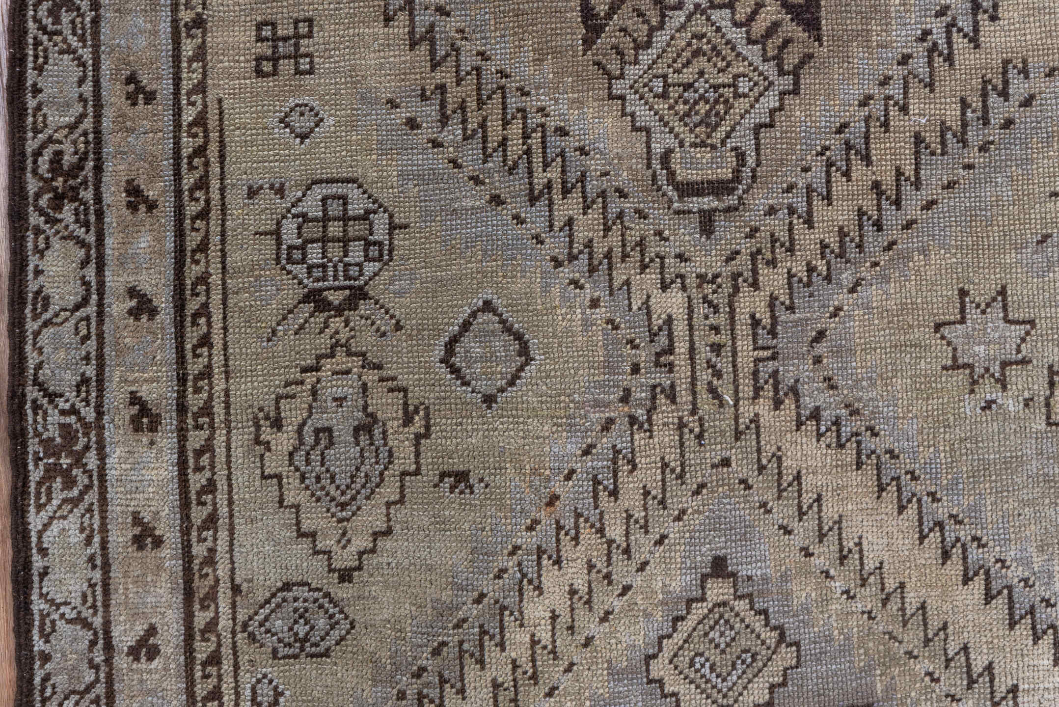 3' x 12' one-of-a-kind handmade vintage Karabagh runner rug. Color palette: brown, gray, off-white, snow, white, whitesmoke