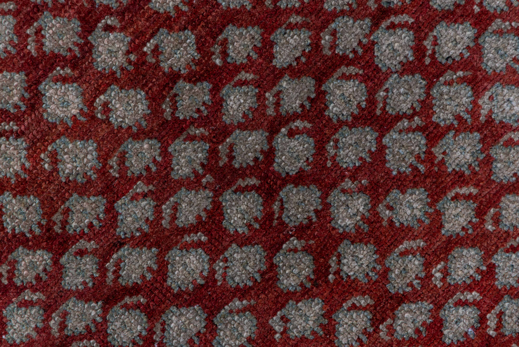 3' x 10' one-of-a-kind handmade vintage Saraband runner rug. Color palette: brown, gray, off-white, red, redwood, snow