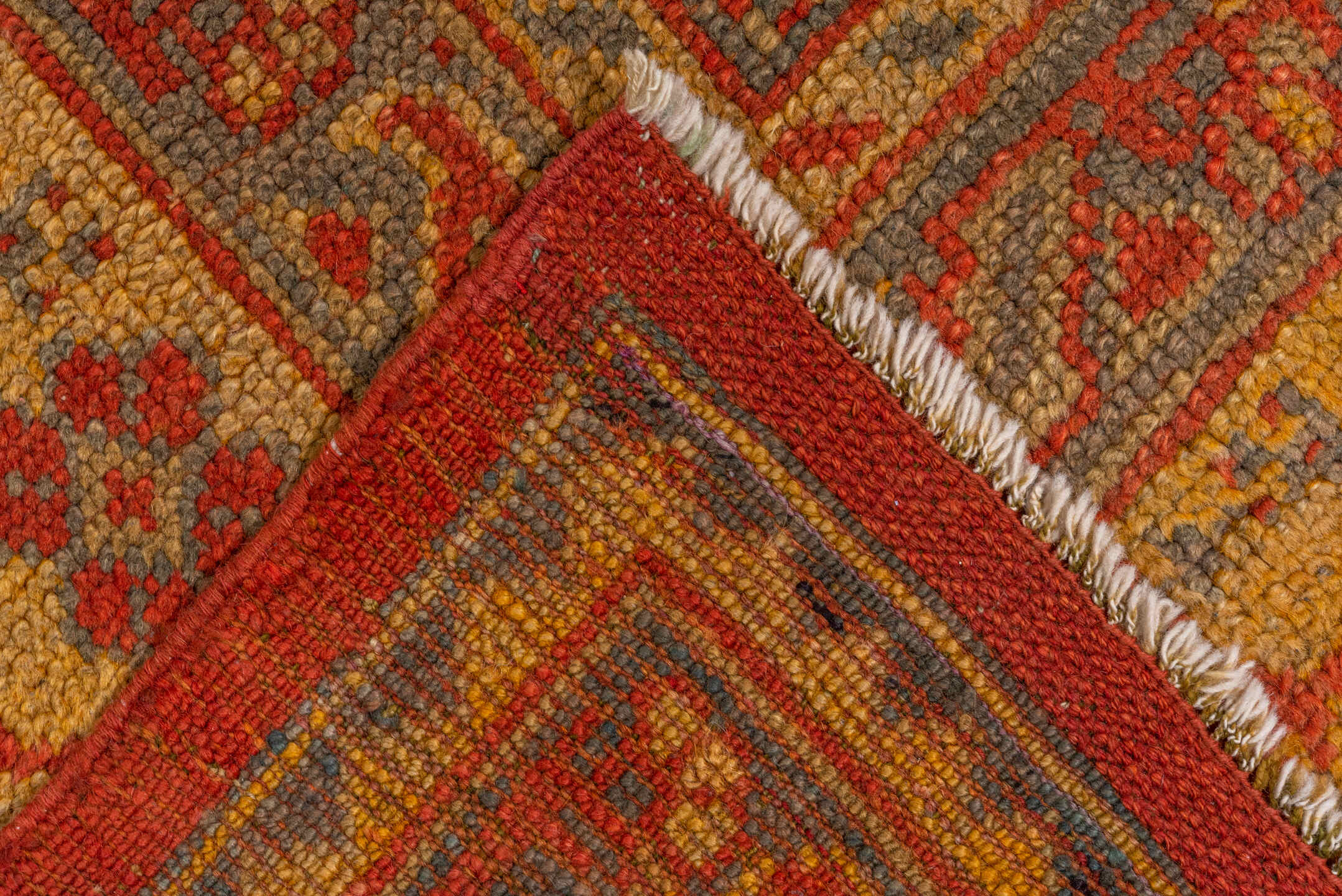 10' x 15' one-of-a-kind handmade vintage Oushak rug. Color palette: brown, dark red, gray, off-white, pink, red