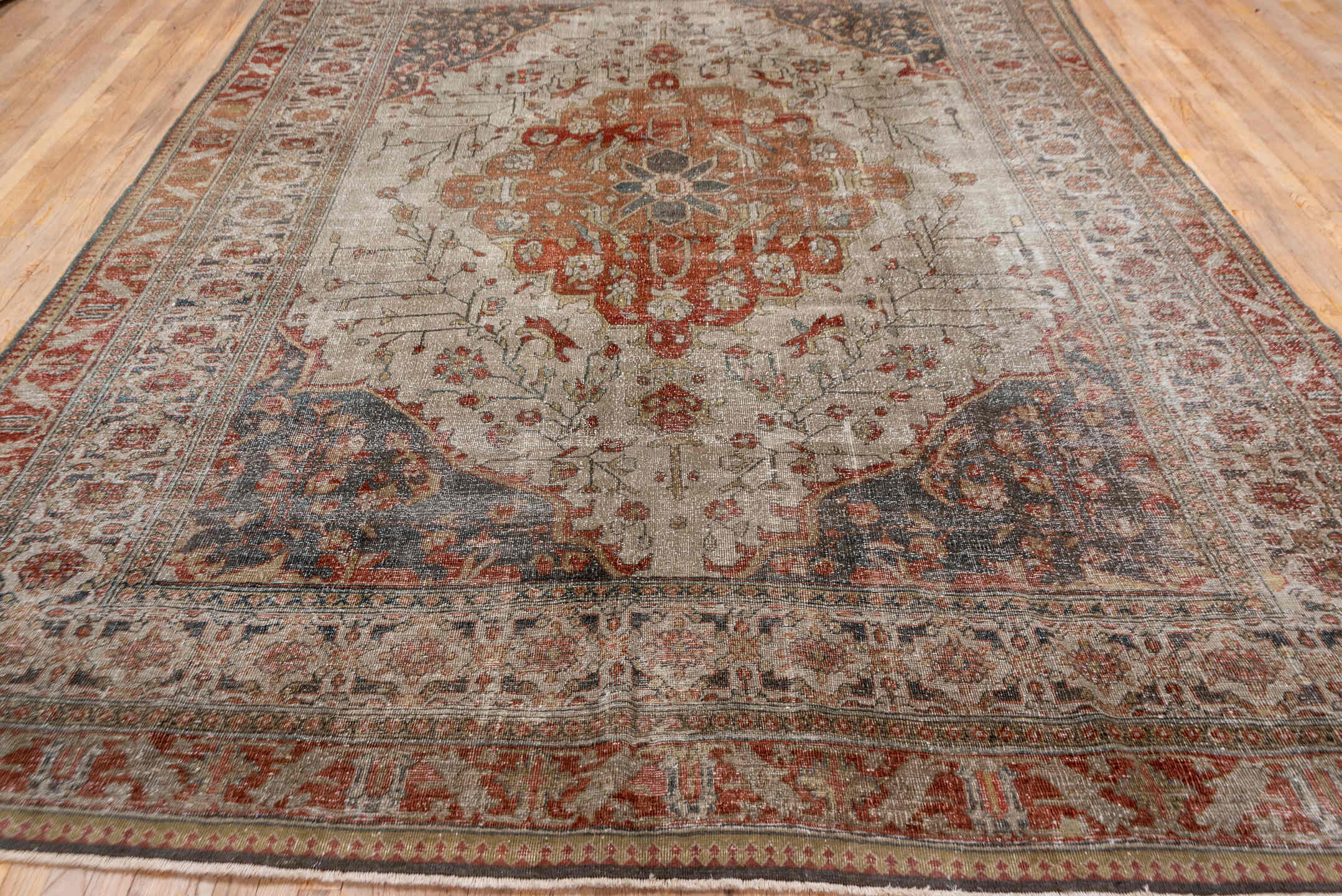 9' x 12' one-of-a-kind handmade vintage Mahal large size rug. Color palette: brown, gray, light gray, pink, red