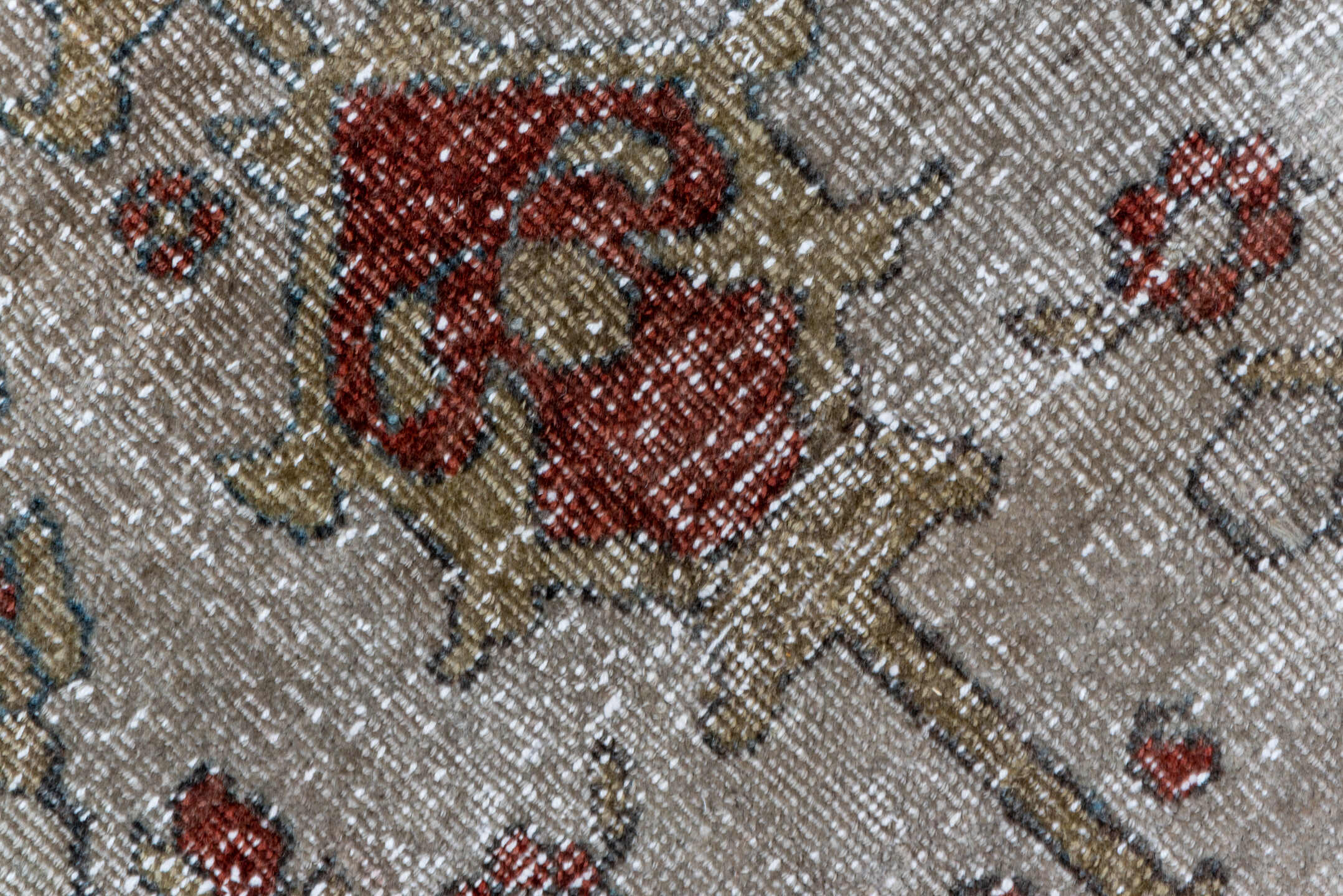 9' x 12' one-of-a-kind handmade vintage Mahal large size rug. Color palette: brown, gray, light gray, pink, red