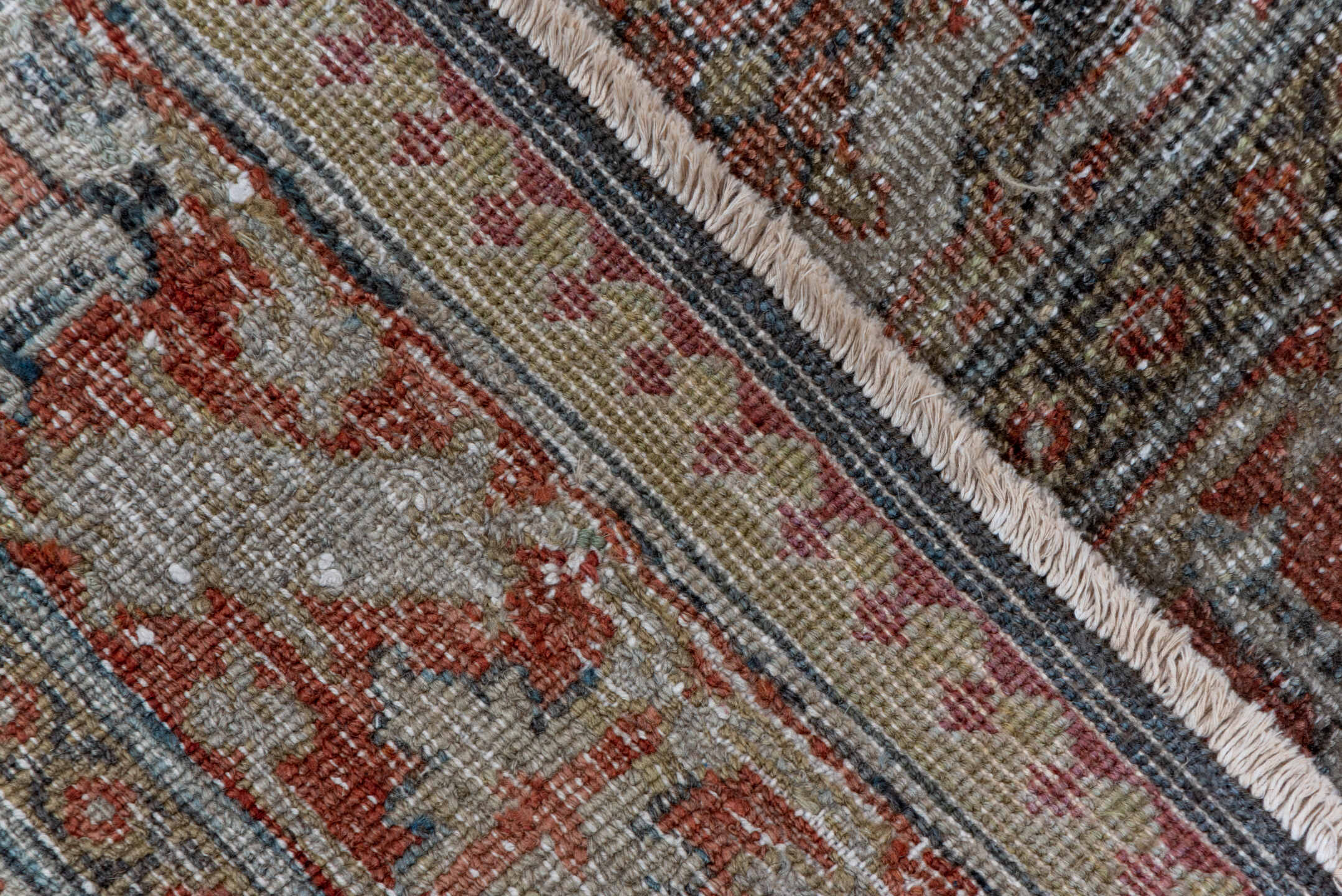 9' x 12' one-of-a-kind handmade vintage Mahal large size rug. Color palette: brown, gray, light gray, pink, red