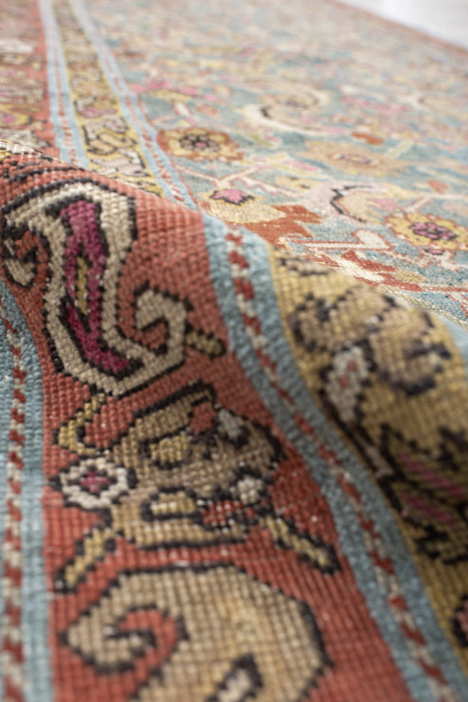 3' x 16' one-of-a-kind handmade vintage Karabagh runner rug. Color palette: blue, rust, ivory, taupe, rose, sage, gold