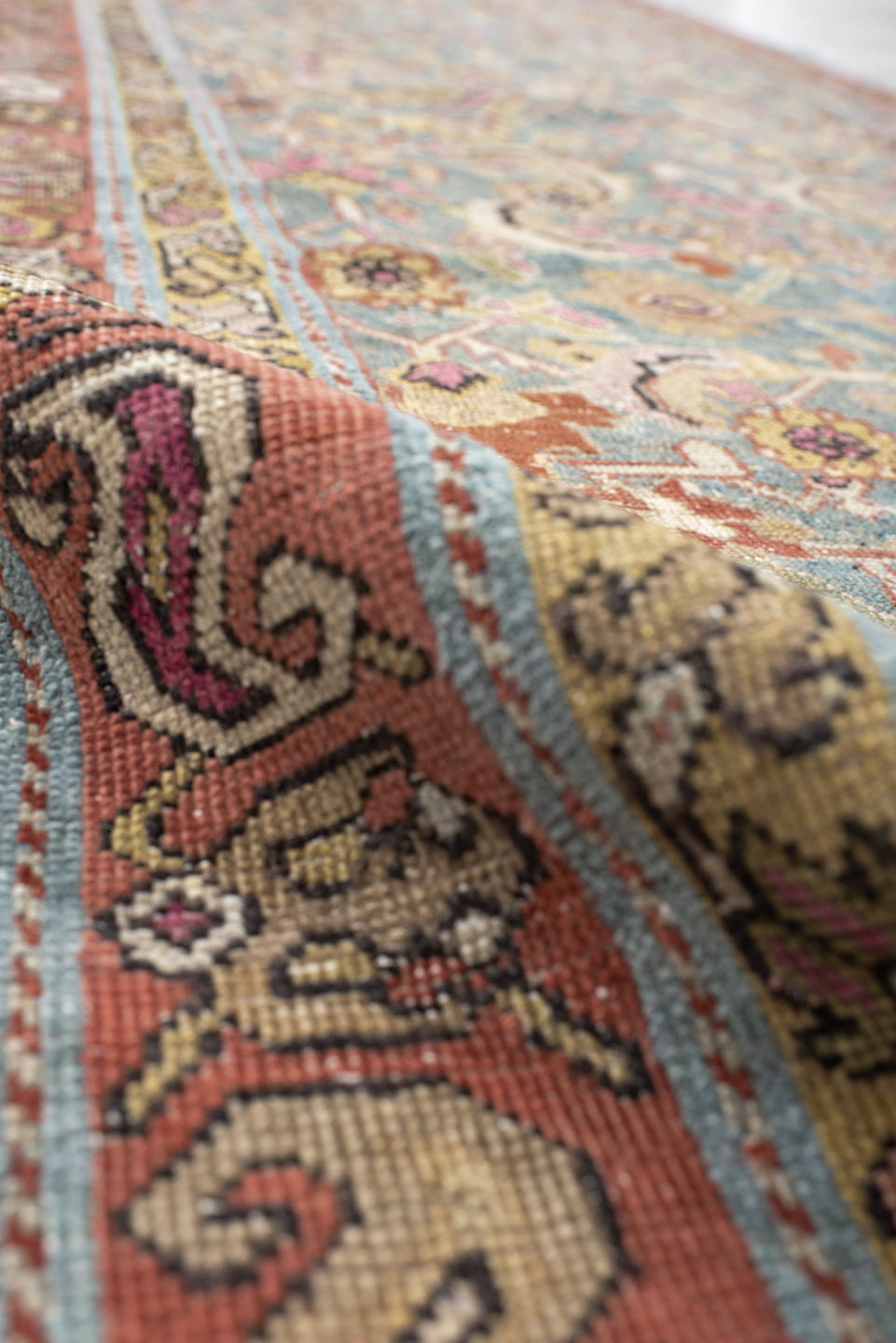 3' x 16' one-of-a-kind handmade vintage Karabagh runner rug. Color palette: blue, rust, ivory, taupe, rose, sage, gold