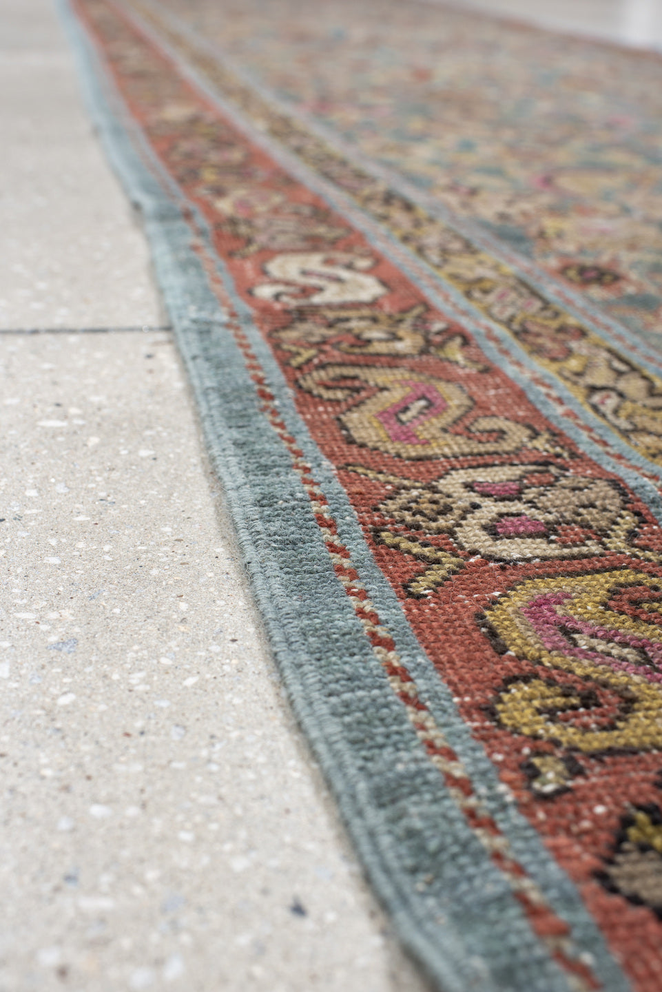 3' x 16' one-of-a-kind handmade vintage Karabagh runner rug. Color palette: blue, rust, ivory, taupe, rose, sage, gold