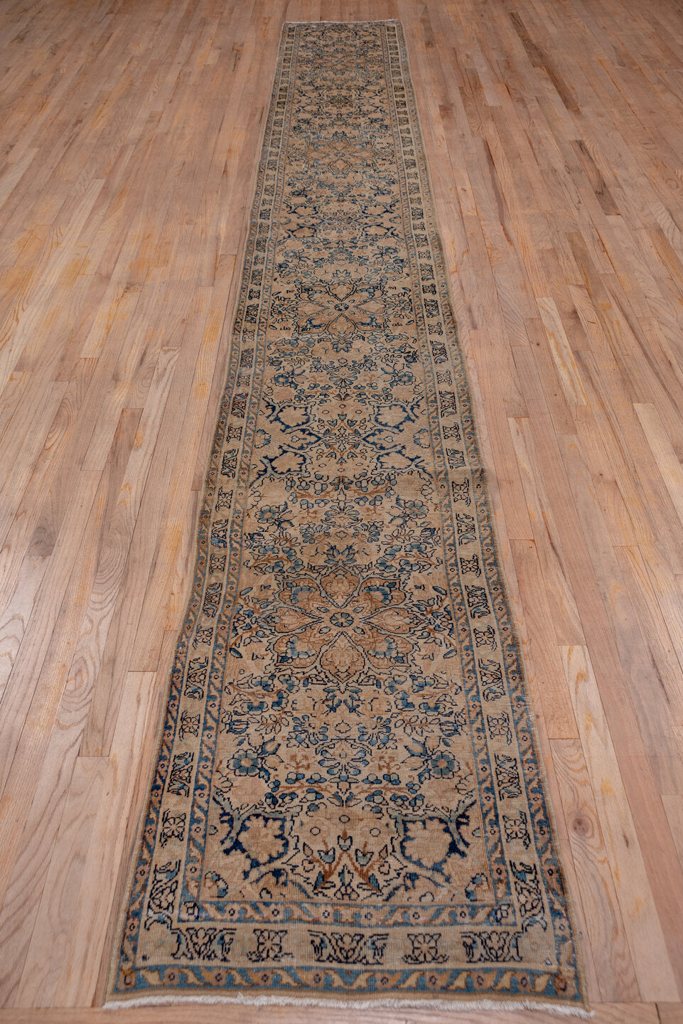 2' x 16' one-of-a-kind handmade antique Kerman runner rug. Color palette: ivory, blue, taupe, camel, slate, brown, beige