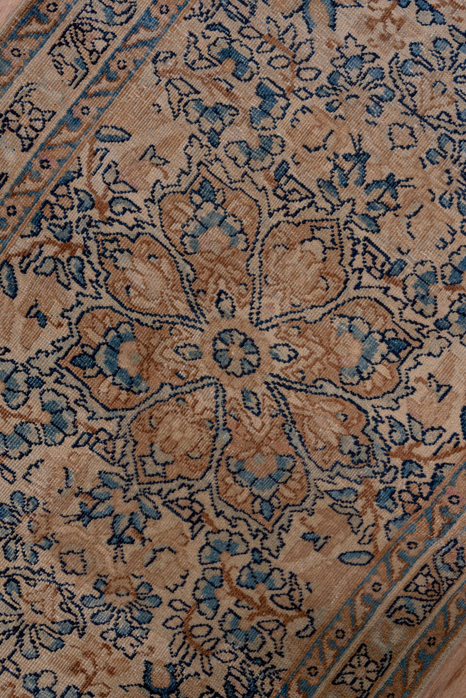 2' x 16' one-of-a-kind handmade antique Kerman runner rug. Color palette: ivory, blue, taupe, camel, slate, brown, beige