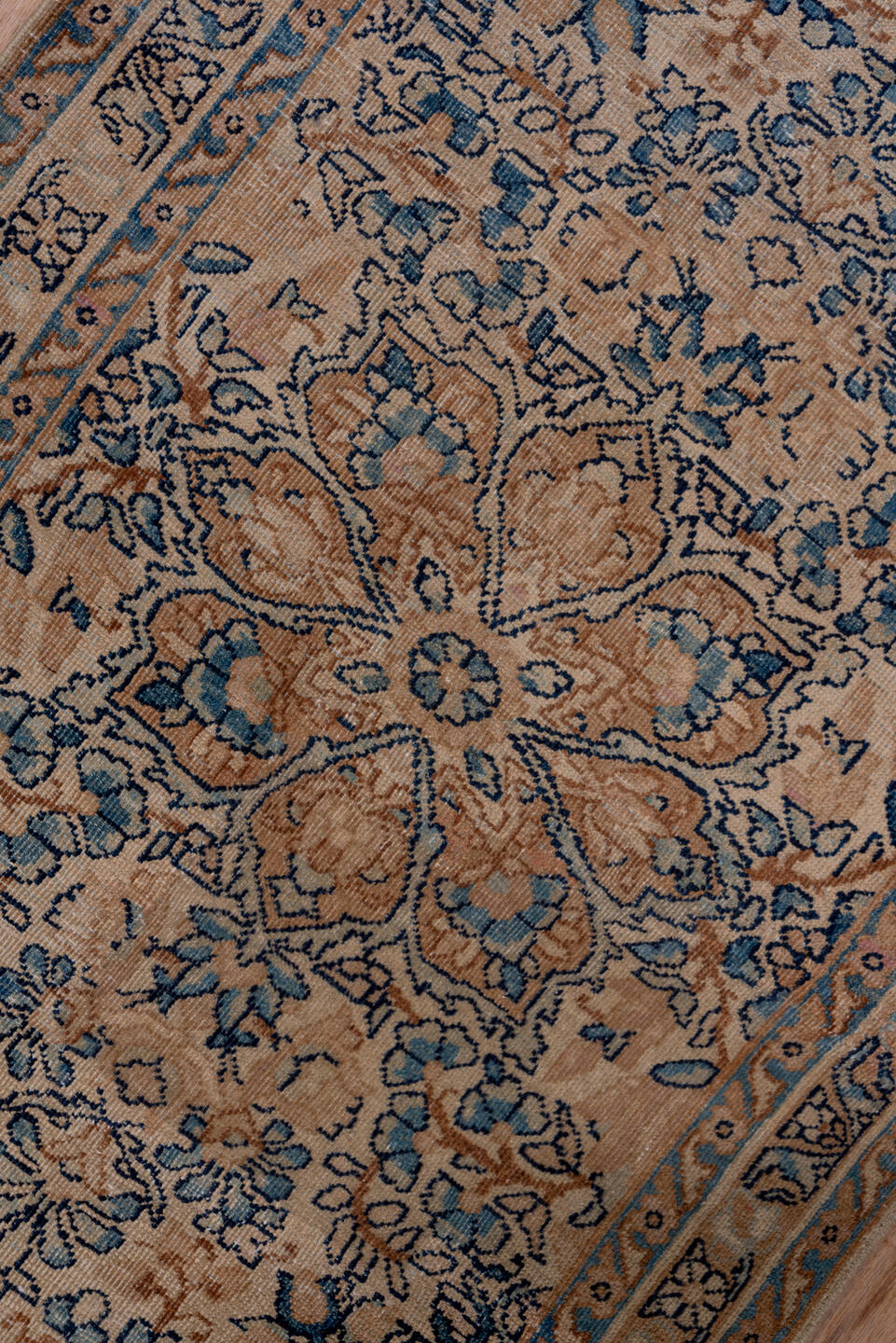 2' x 16' one-of-a-kind handmade antique Kerman runner rug. Color palette: ivory, blue, taupe, camel, slate, brown, beige
