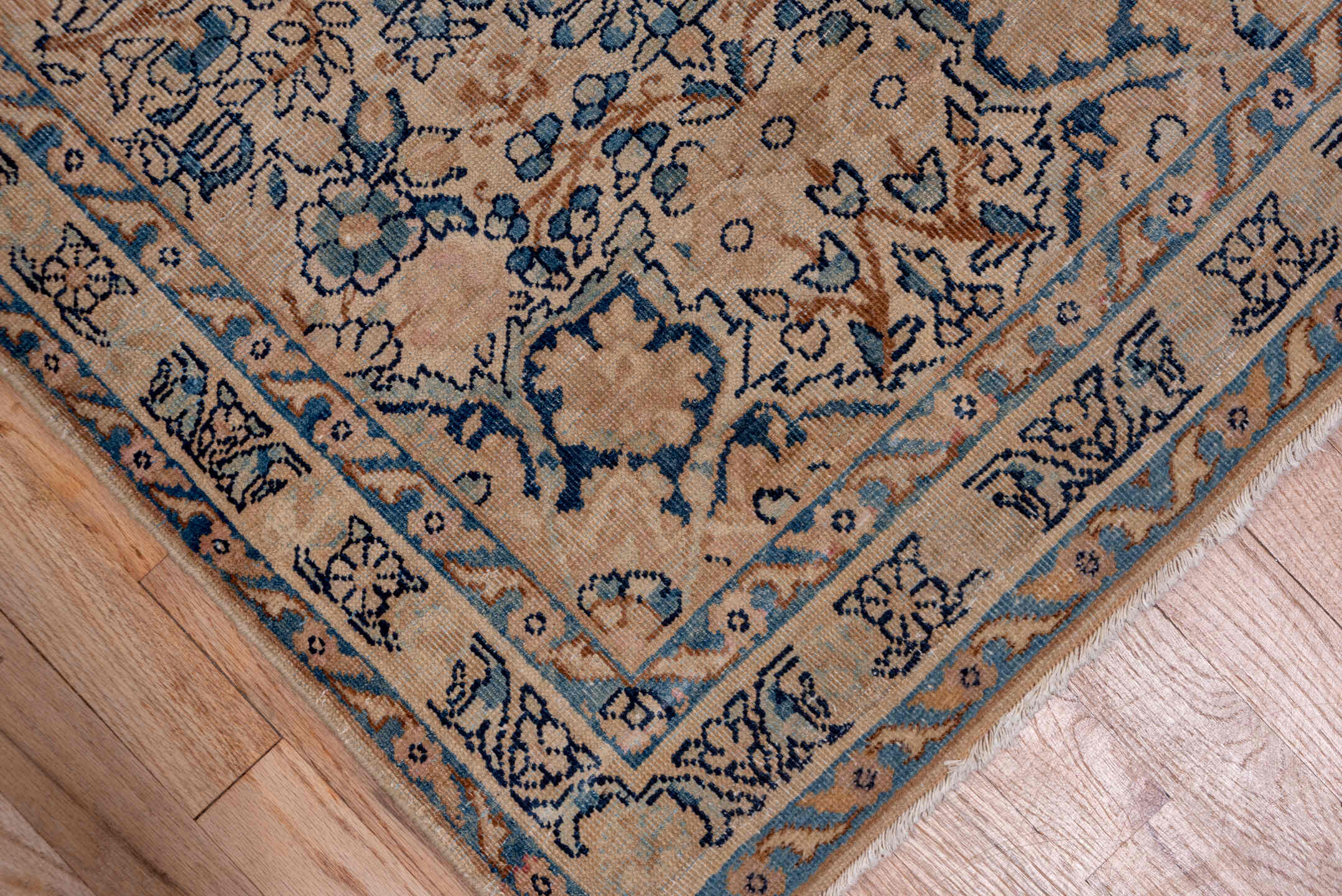 2' x 16' one-of-a-kind handmade antique Kerman runner rug. Color palette: ivory, blue, taupe, camel, slate, brown, beige