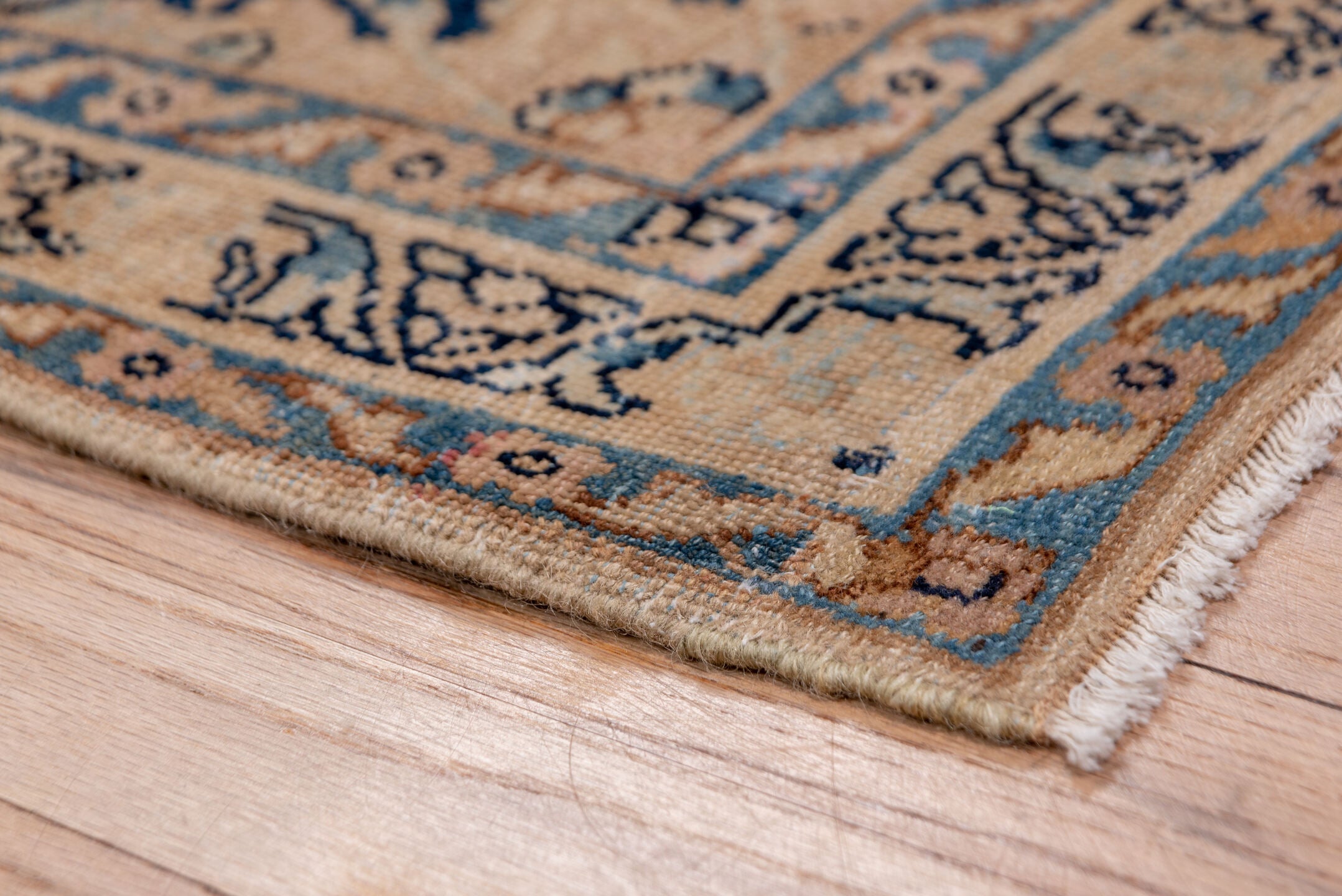 2' x 16' one-of-a-kind handmade antique Kerman runner rug. Color palette: ivory, blue, taupe, camel, slate, brown, beige