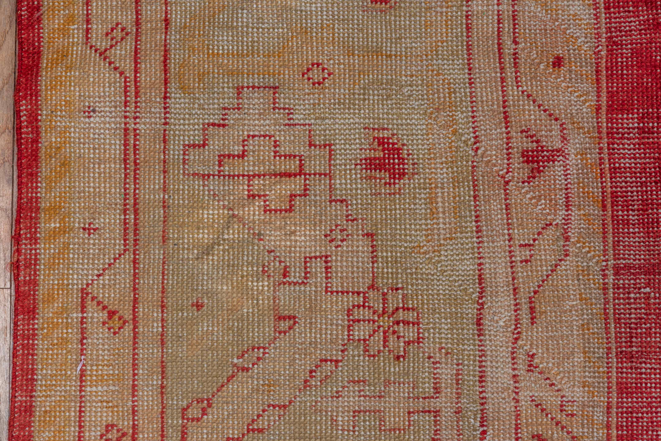10' x 15' one-of-a-kind handmade antique Oushak rug. Color palette: rose, ivory, coral, gold, beige, saffron, pink, red