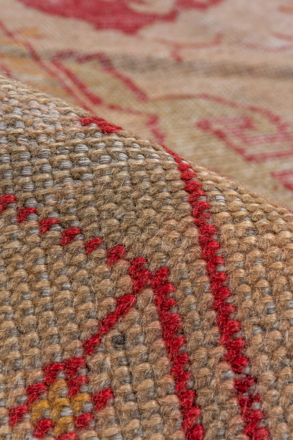 10' x 15' one-of-a-kind handmade antique Oushak rug. Color palette: rose, ivory, coral, gold, beige, saffron, pink, red