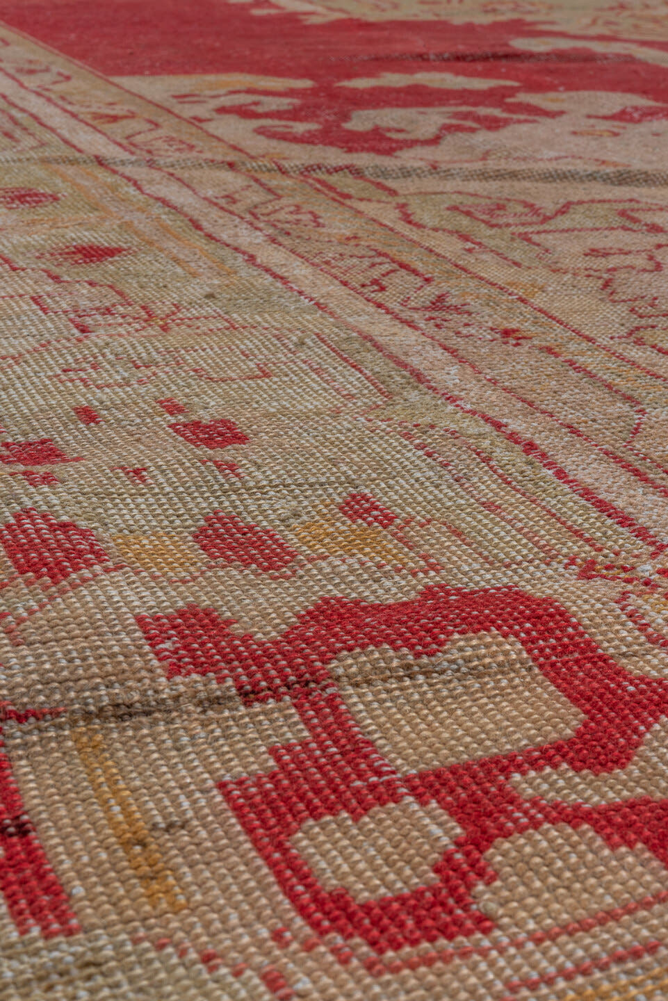10' x 15' one-of-a-kind handmade antique Oushak rug. Color palette: rose, ivory, coral, gold, beige, saffron, pink, red