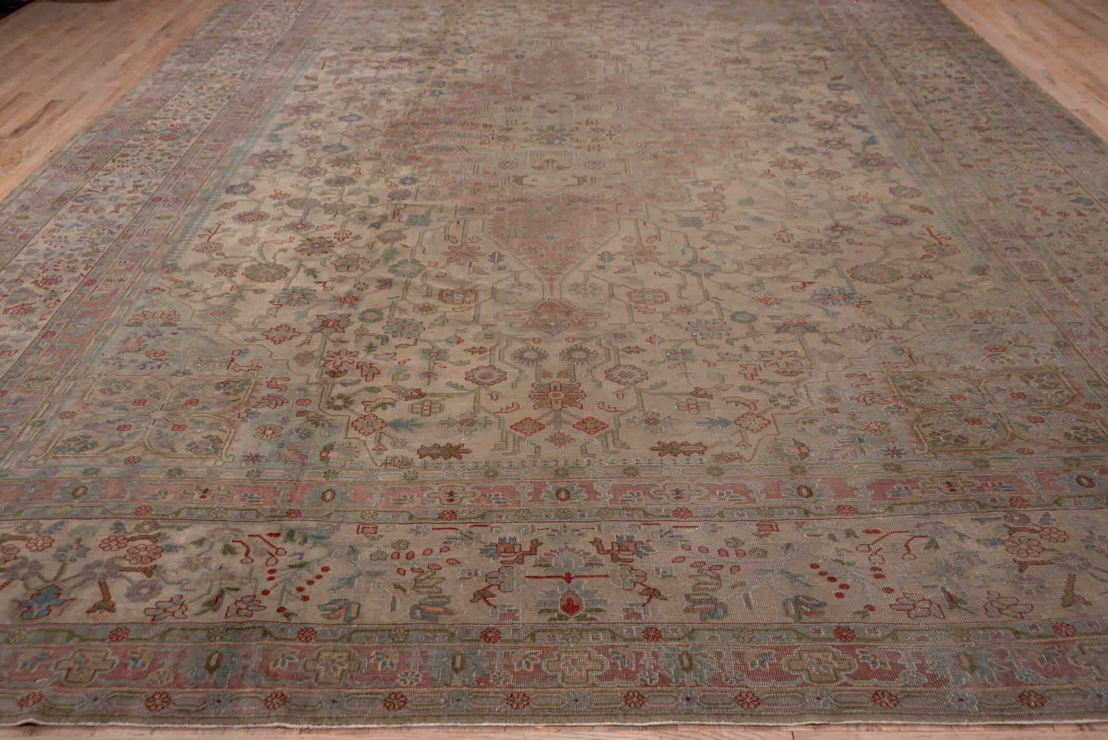 13' x 16' one-of-a-kind handmade antique Sivas oversize rug. Color palette: ivory, rose, taupe, muted blue, dusty pink