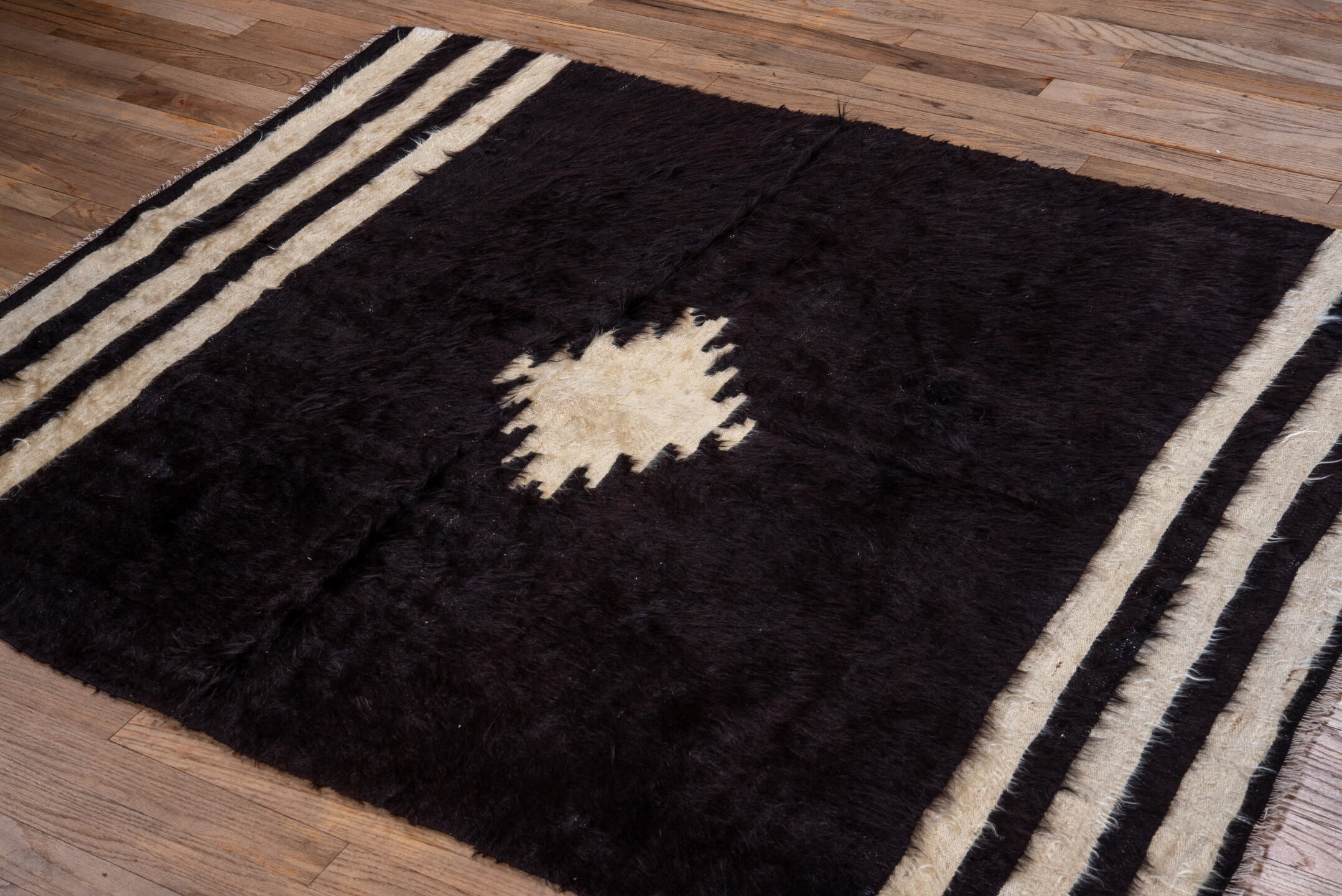 4' x 5' one-of-a-kind handmade vintage Anr small size rug. Color palette: black, blue, charcoal, gainsboro, gray, light gray