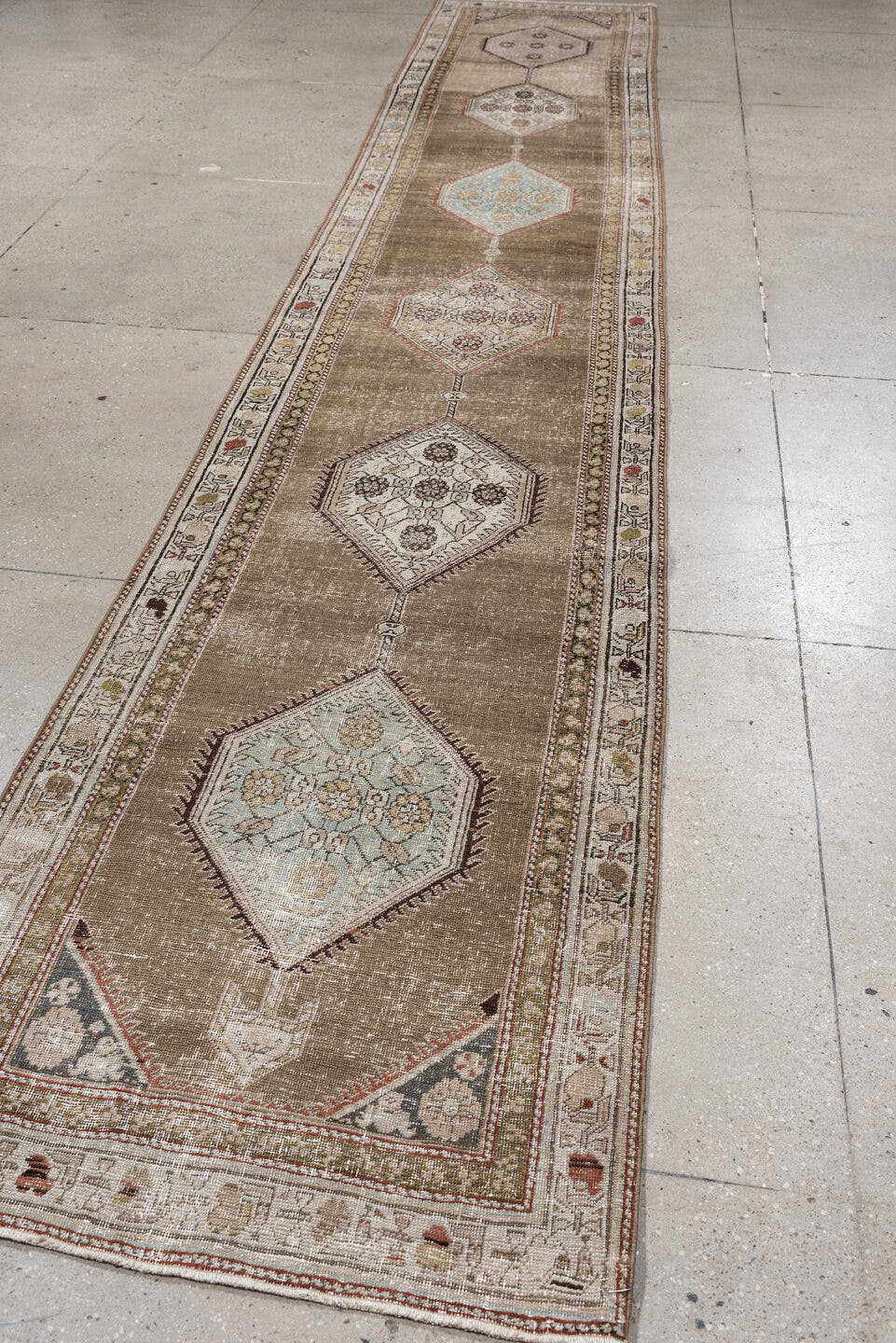 3' x 17' one-of-a-kind handmade antique NW Persian runner rug. Color palette: taupe, ivory, camel, pale blue, terracotta