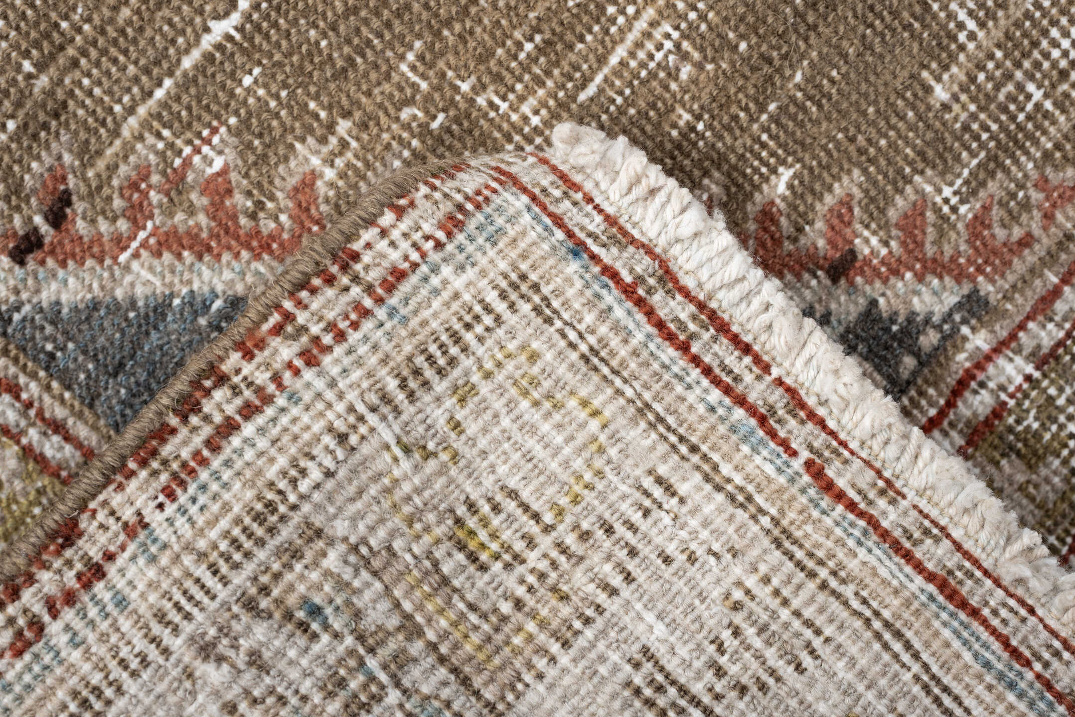 3' x 17' one-of-a-kind handmade antique NW Persian runner rug. Color palette: taupe, ivory, camel, pale blue, terracotta