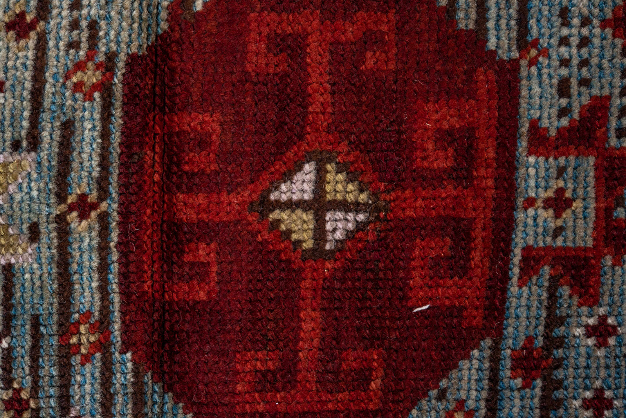 3' x 13' one-of-a-kind handmade vintage Anatol runner rug. Color palette: brown, dim gray, gray, light gray, pink, red