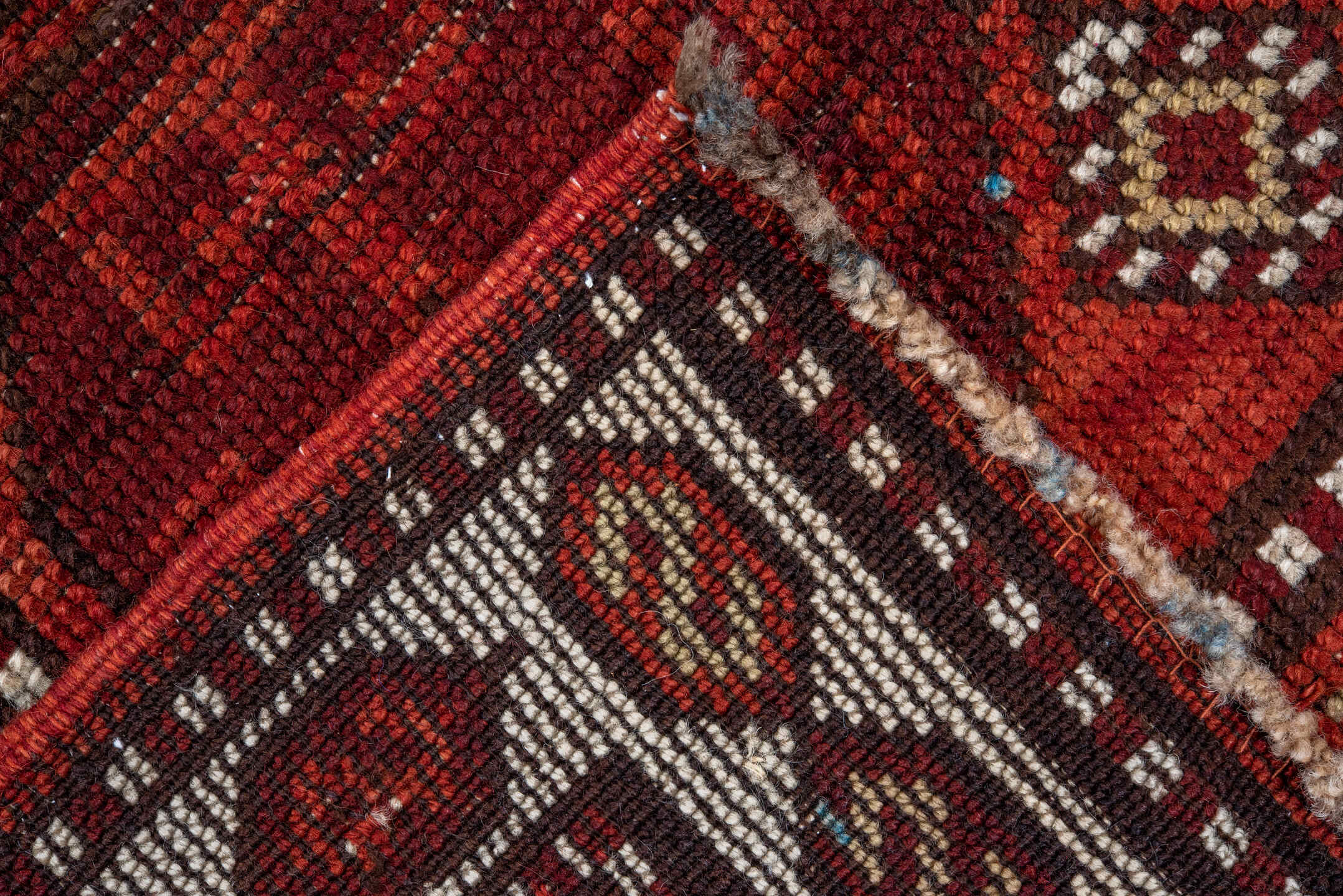 3' x 13' one-of-a-kind handmade antique Anatolian runner rug. Color palette: rust, pale blue, ivory, brick, brown, charcoal