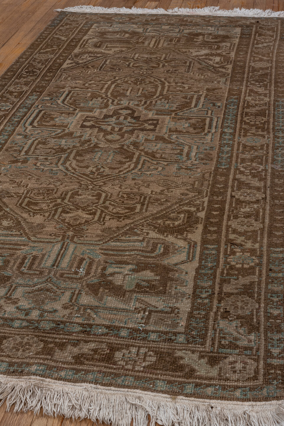 3' x 7' one-of-a-kind handmade vintage Heriz runner rug. Color palette: brown, dim gray, gray, light gray, off-white, silver