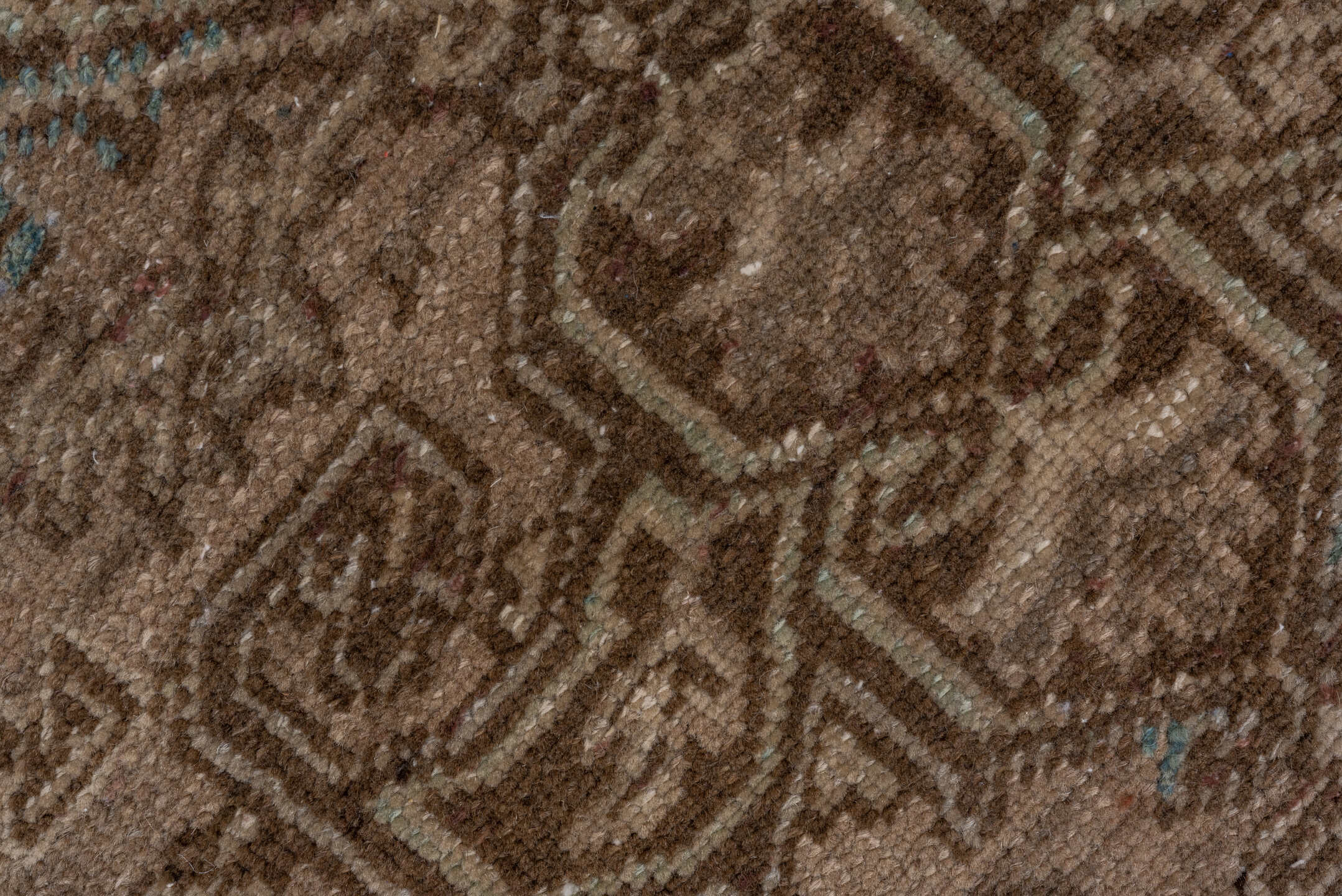 3' x 7' one-of-a-kind handmade vintage Heriz runner rug. Color palette: brown, dim gray, gray, light gray, off-white, silver