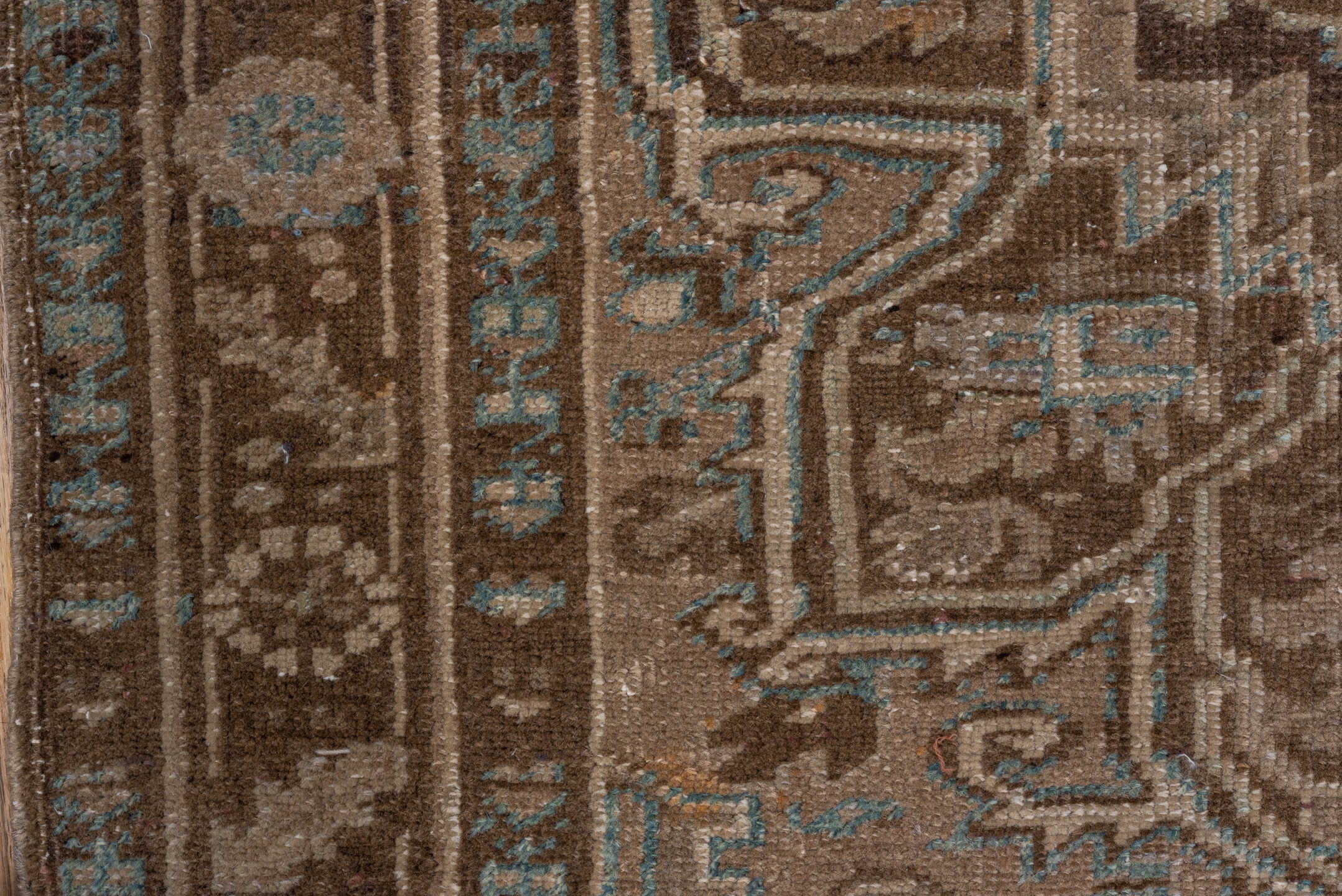 3' x 7' one-of-a-kind handmade vintage Heriz runner rug. Color palette: brown, dim gray, gray, light gray, off-white, silver