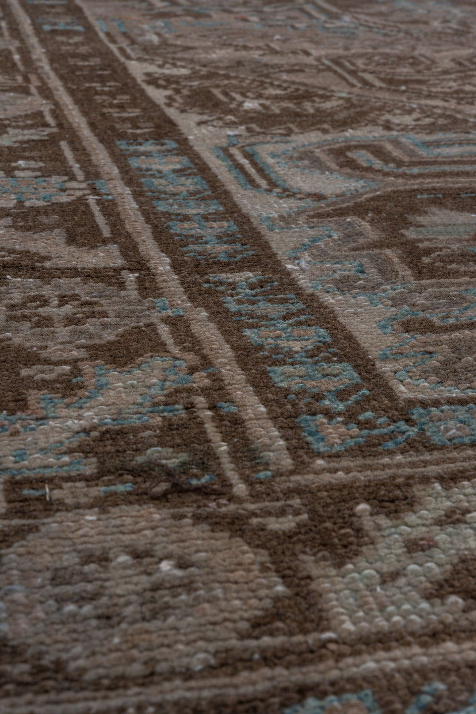 3' x 7' one-of-a-kind handmade vintage Heriz runner rug. Color palette: brown, dim gray, gray, light gray, off-white, silver