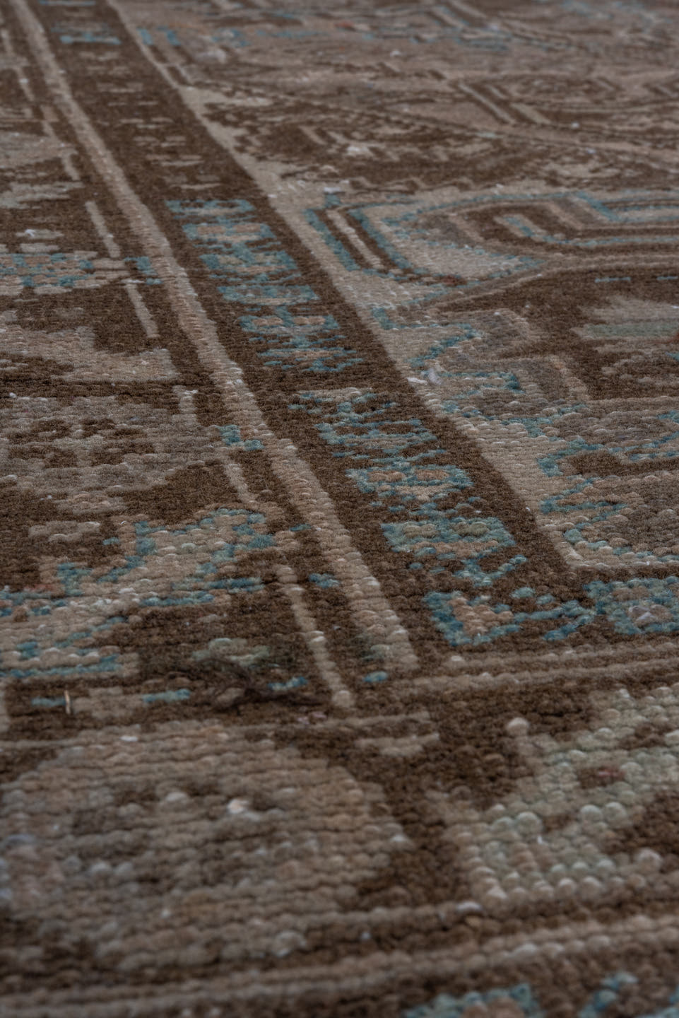 3' x 7' one-of-a-kind handmade antique Heriz runner rug. Color palette: brown, taupe, ivory, pale_blue, camel, beige, gray