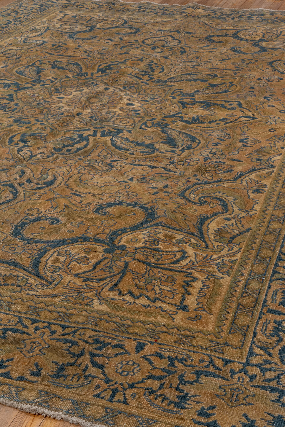 8' x 11' one-of-a-kind handmade antique Heriz large size rug. Color palette: camel, navy, taupe, beige, brown, ivory, blue