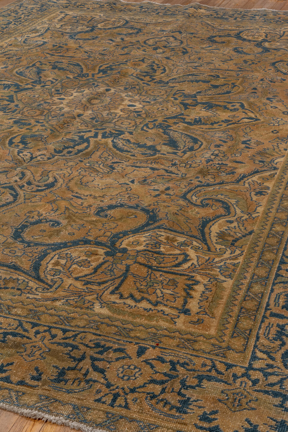 8' x 11' one-of-a-kind handmade antique Heriz large size rug. Color palette: camel, navy, taupe, beige, brown, ivory, blue