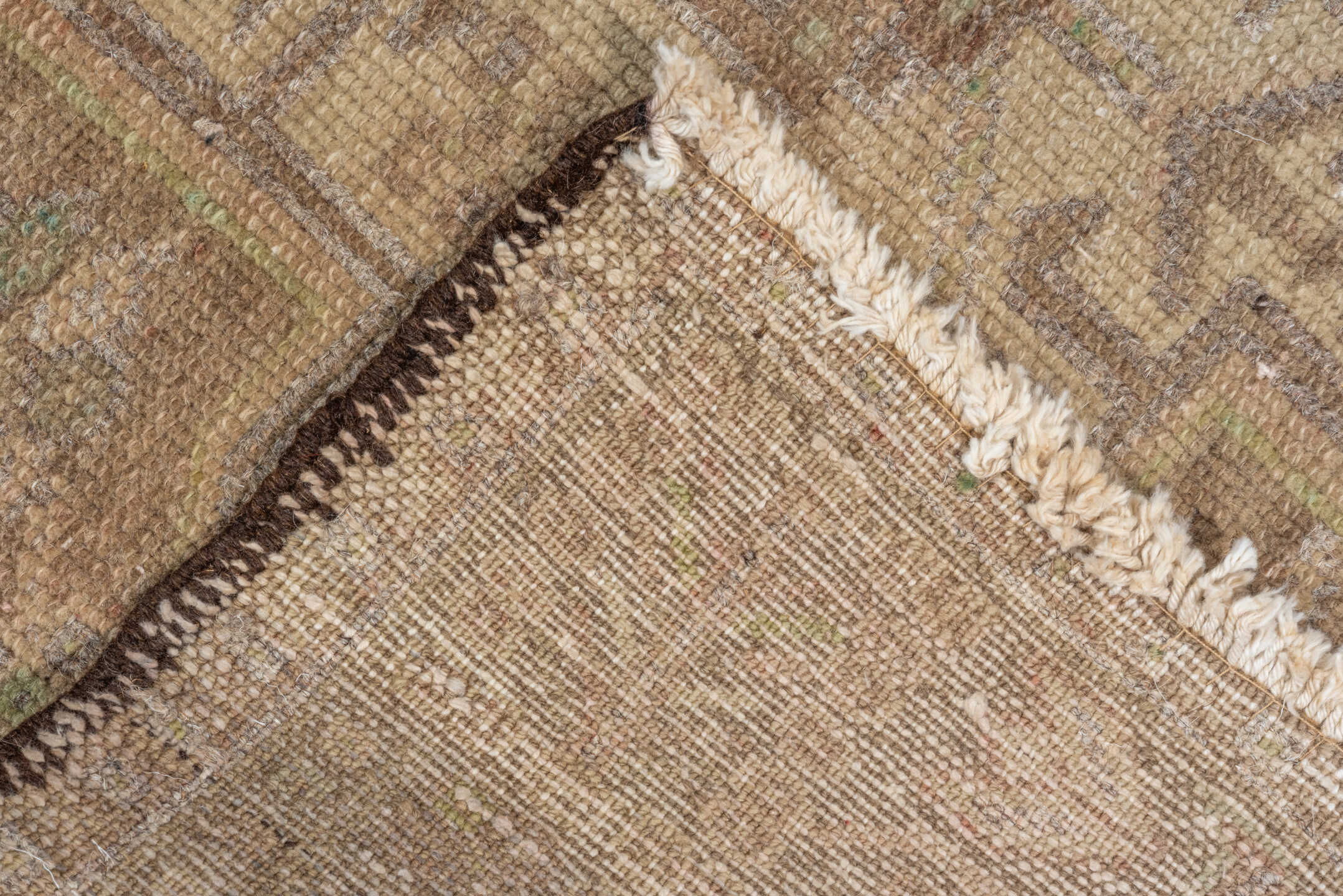 3' x 12' one-of-a-kind handmade antique Karaje runner rug. Color palette: taupe, brown, camel, sage, ivory, olive, charcoal