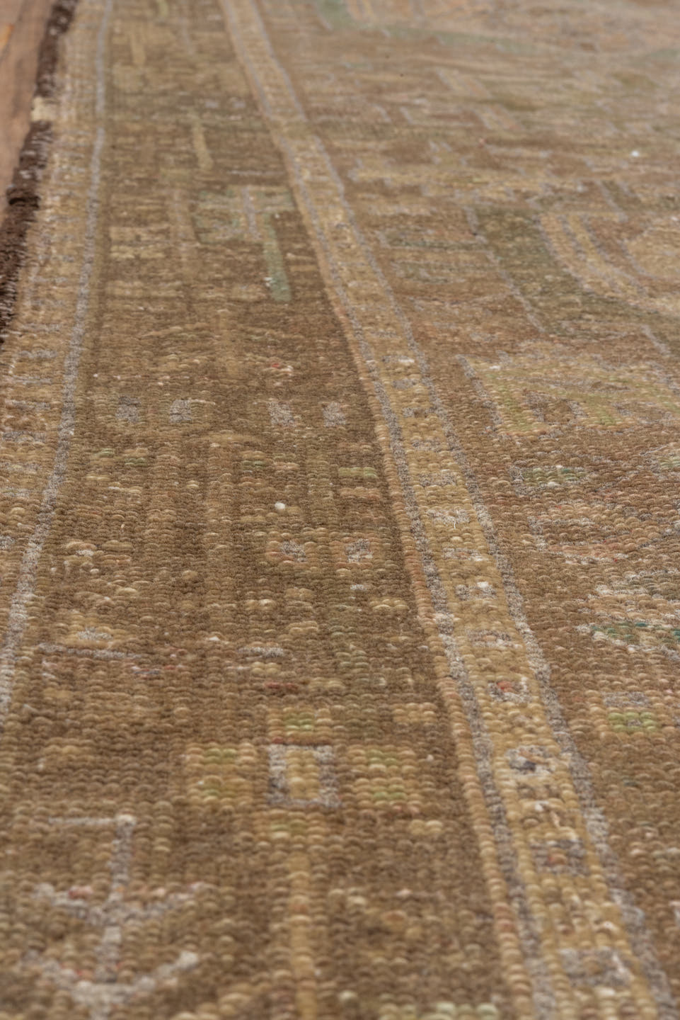 3' x 12' one-of-a-kind handmade antique Karaje runner rug. Color palette: taupe, brown, camel, sage, ivory, olive, charcoal