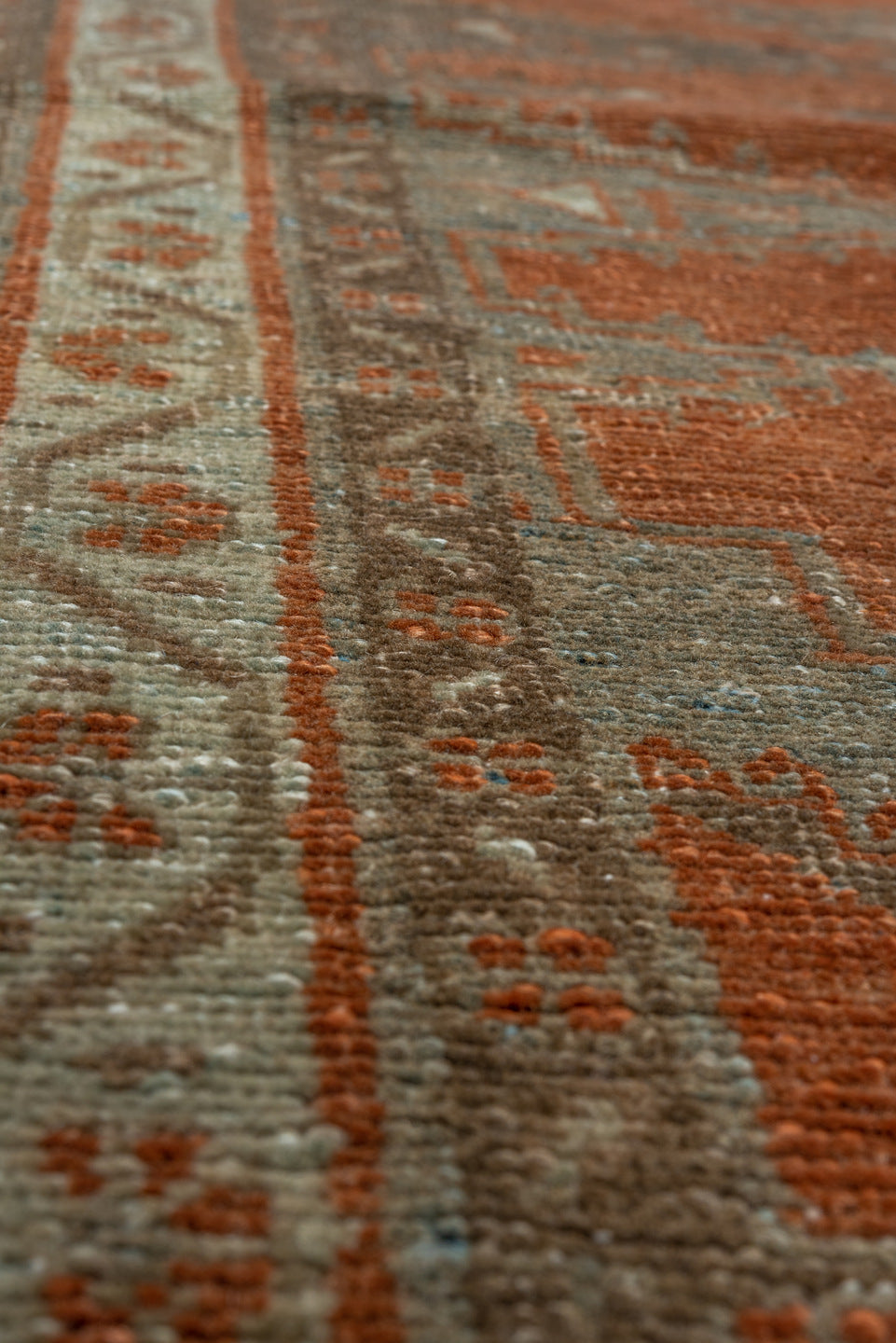 3' x 10' one-of-a-kind handmade vintage Veece runner rug. Color palette: brown, gray, light gray, off-white, pink, sienna
