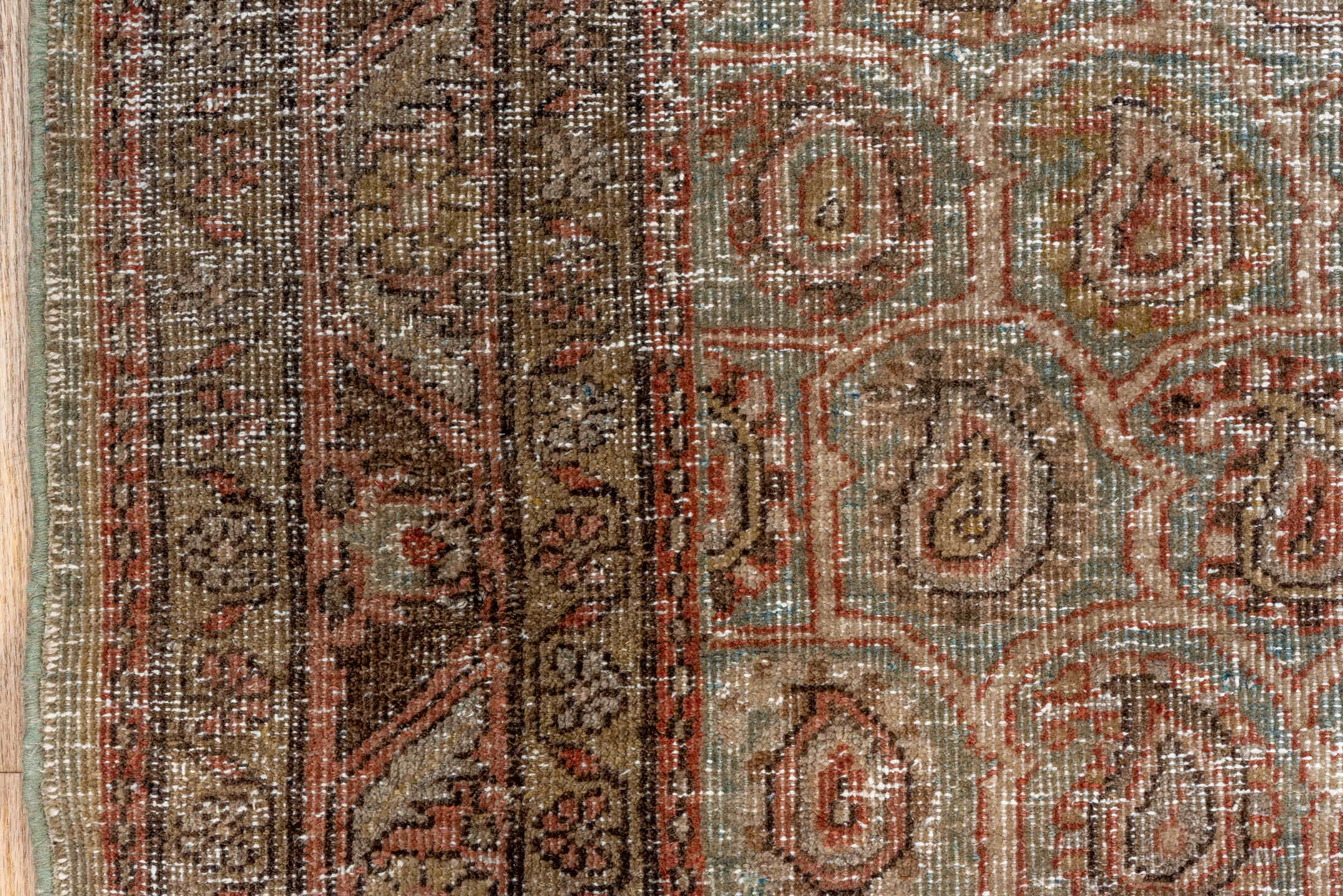3' x 11' one-of-a-kind handmade antique Sarab runner rug. Color palette: taupe, terra cotta, brown, faded blue, rust, ivory