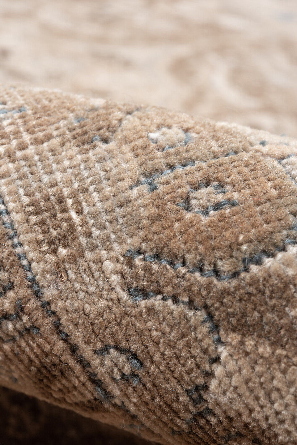 7' x 10' one-of-a-kind handmade vintage Heriz large size rug. Color palette: taupe, ivory, brown, beige, camel, pale blue