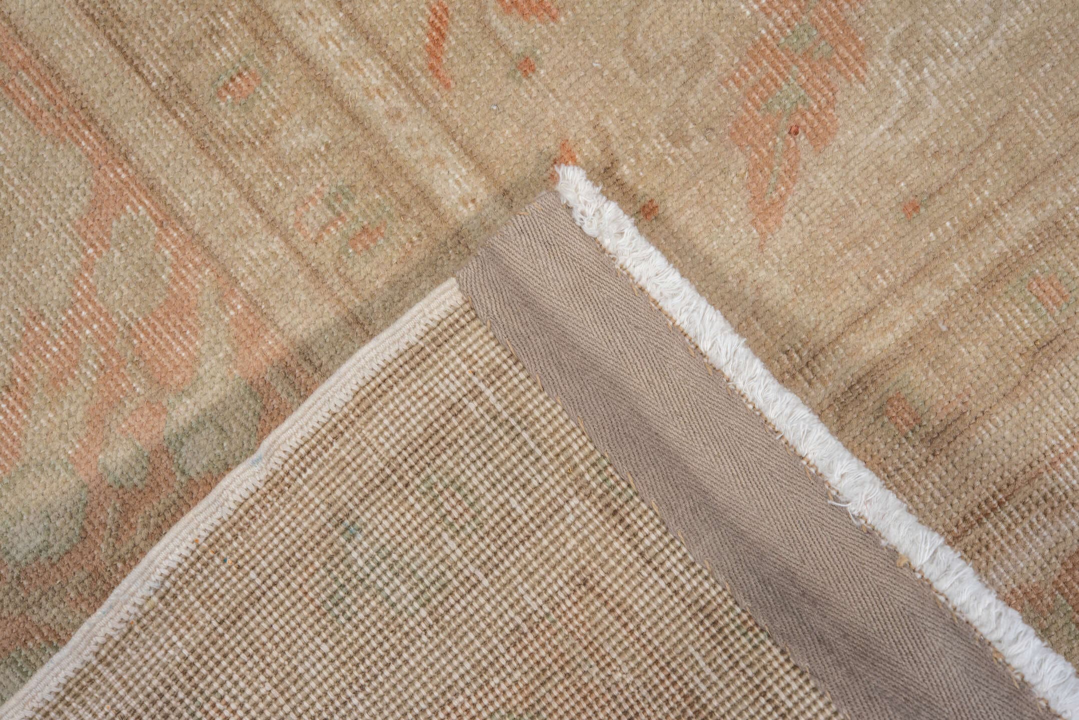 6' x 9' one-of-a-kind handmade antique Kaisary medium size rug. Color palette: ivory, blush, sand, taupe, sage, peach, pink