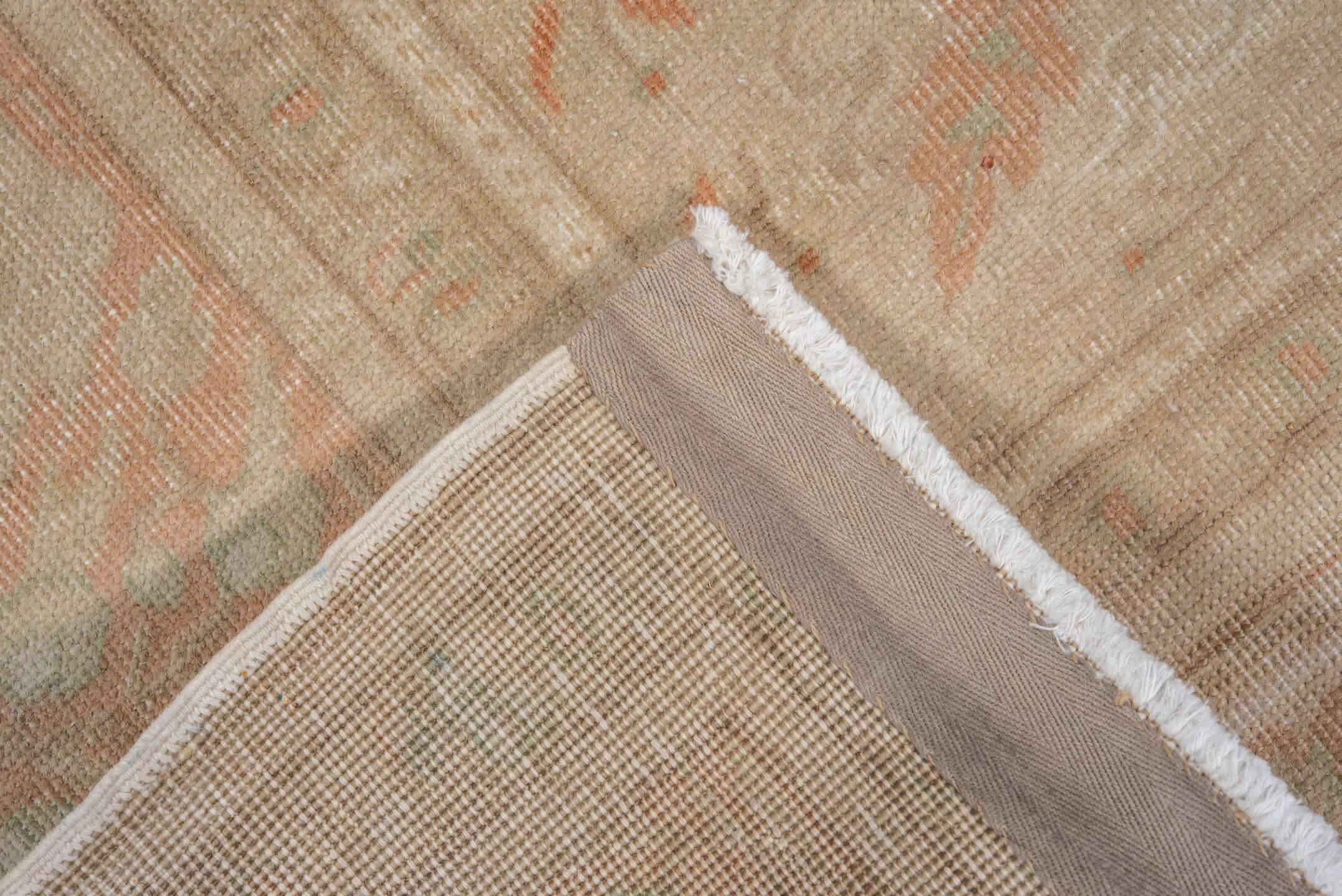 6' x 9' one-of-a-kind handmade antique Kaisary medium size rug. Color palette: ivory, blush, sand, taupe, sage, peach, pink