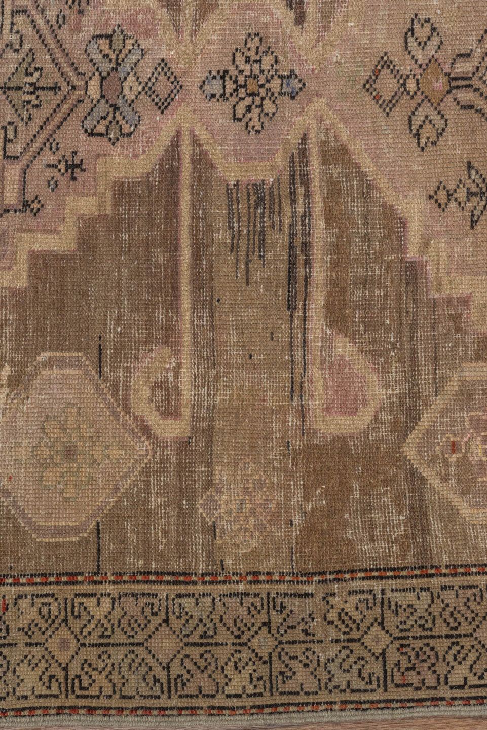 3' x 7' one-of-a-kind handmade antique Caucasian runner rug. Color palette: taupe, ivory, charcoal, blush, brown, camel