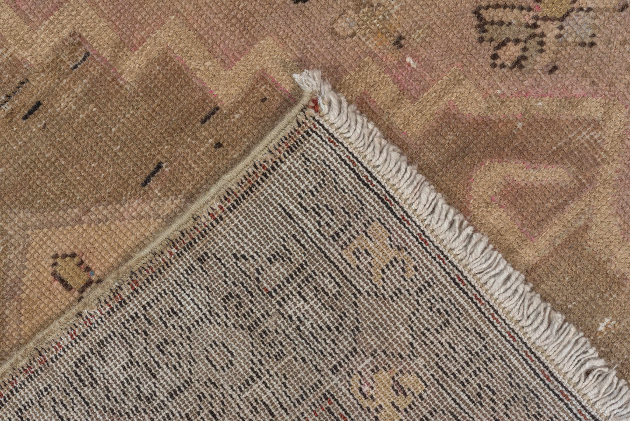 3' x 7' one-of-a-kind handmade antique Caucasian runner rug. Color palette: taupe, ivory, charcoal, blush, brown, camel