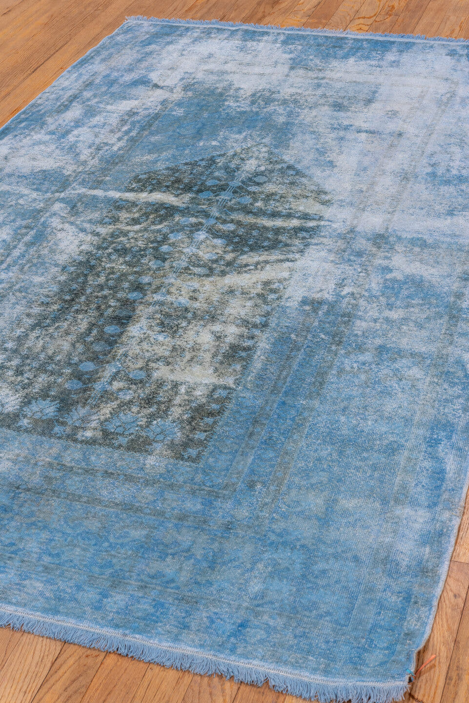 3' x 6' one-of-a-kind handmade antique Overdyed small size rug. Color palette: sky blue, aqua, slate, charcoal, light blue