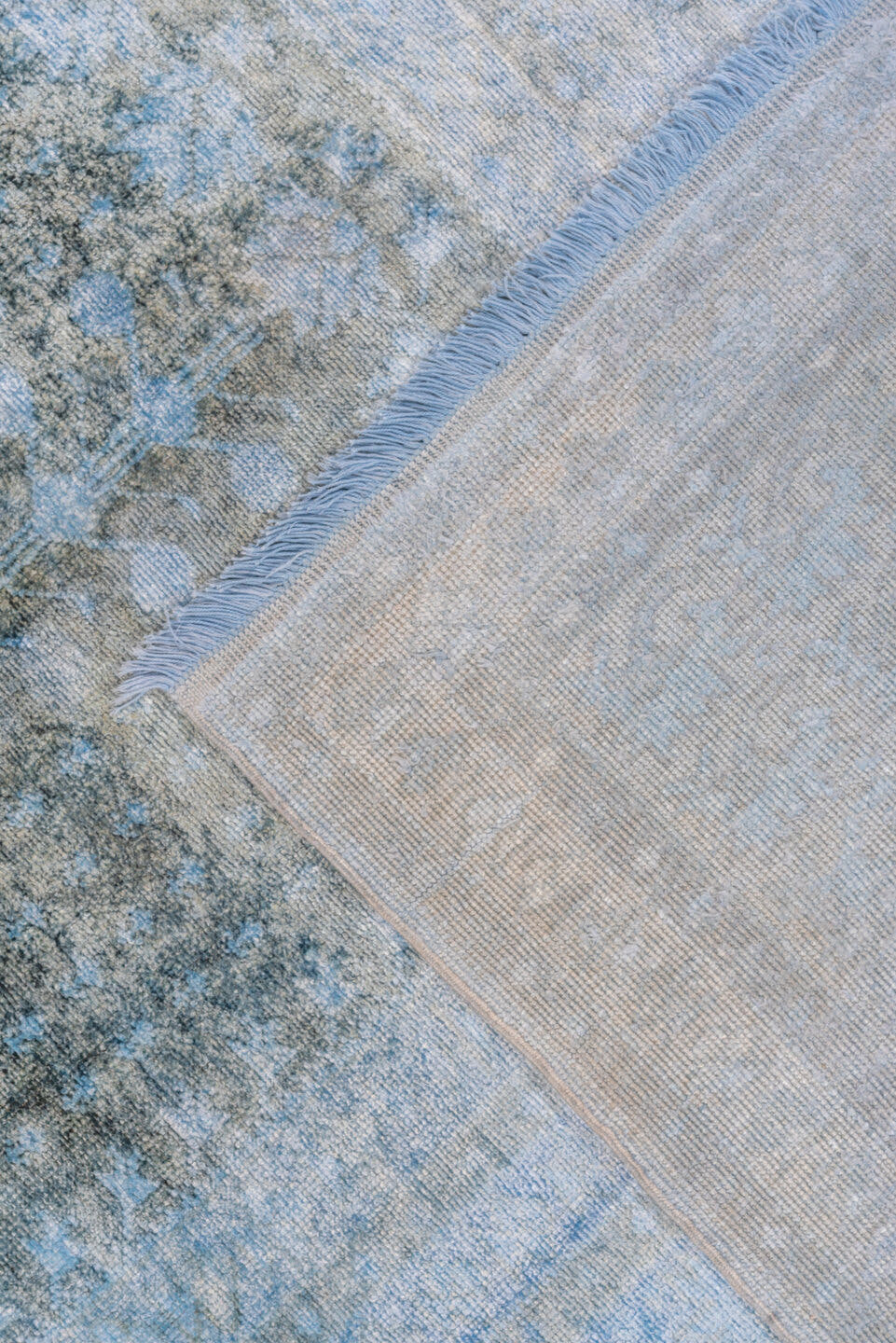 3' x 6' one-of-a-kind handmade antique Overdyed small size rug. Color palette: sky blue, aqua, slate, charcoal, light blue